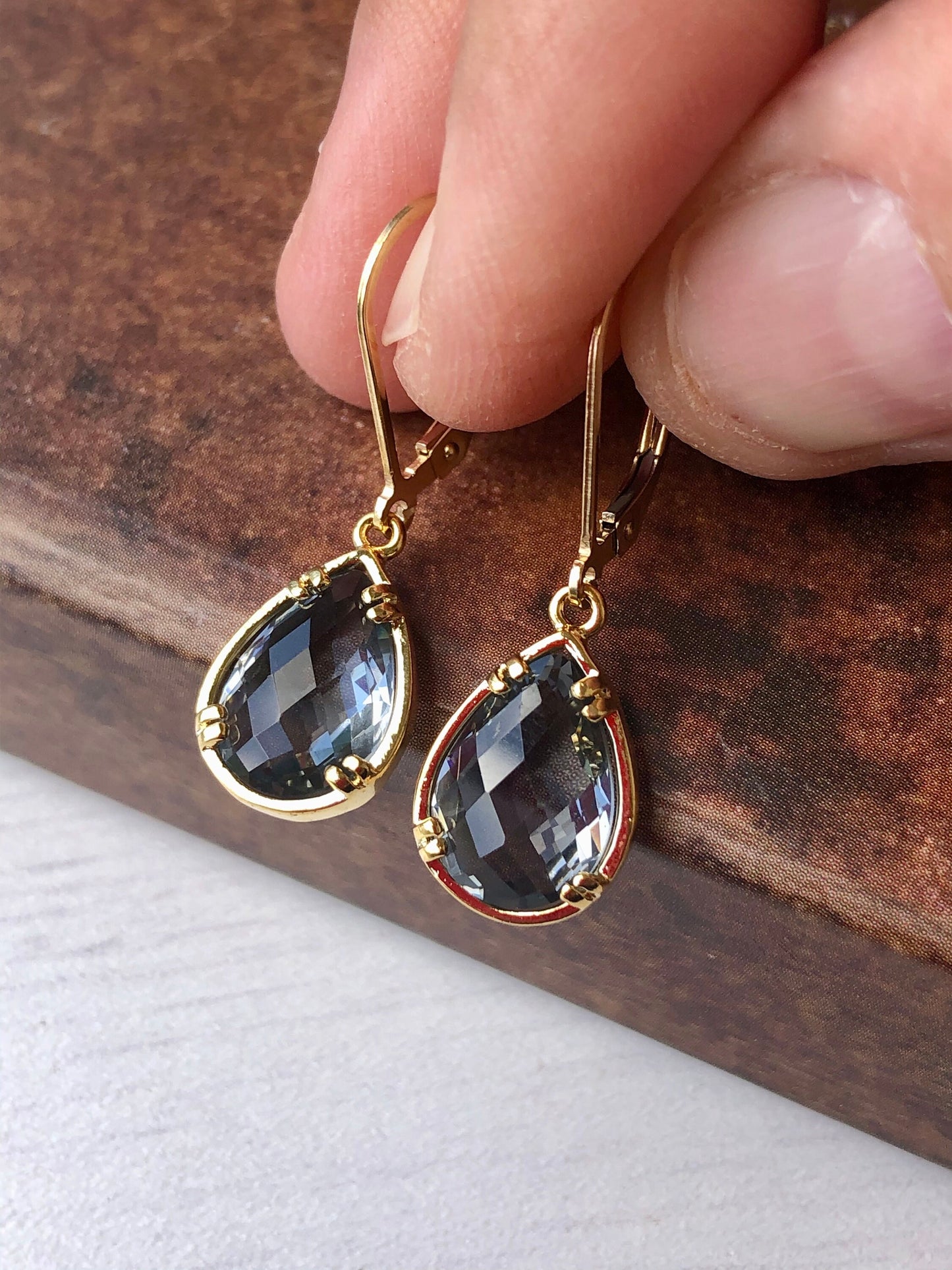 Gray Teardrop Earrings in Gold or Silver