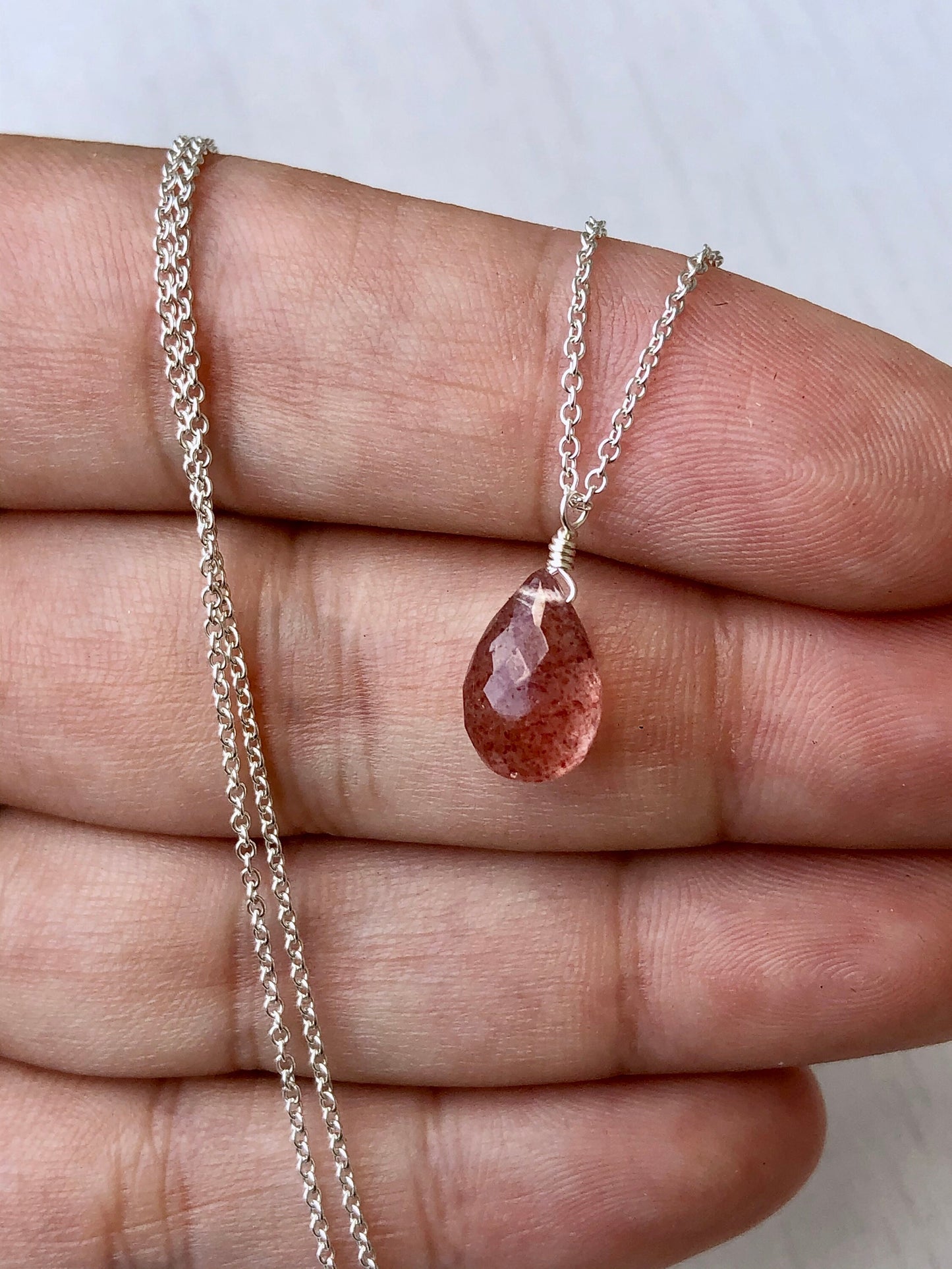 Strawberry Pink Rutilated Teardrop Necklace