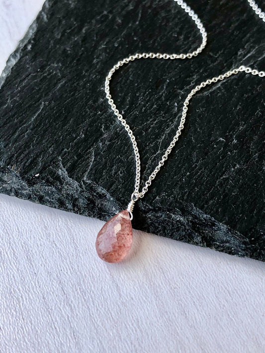 Strawberry Pink Rutilated Teardrop Necklace