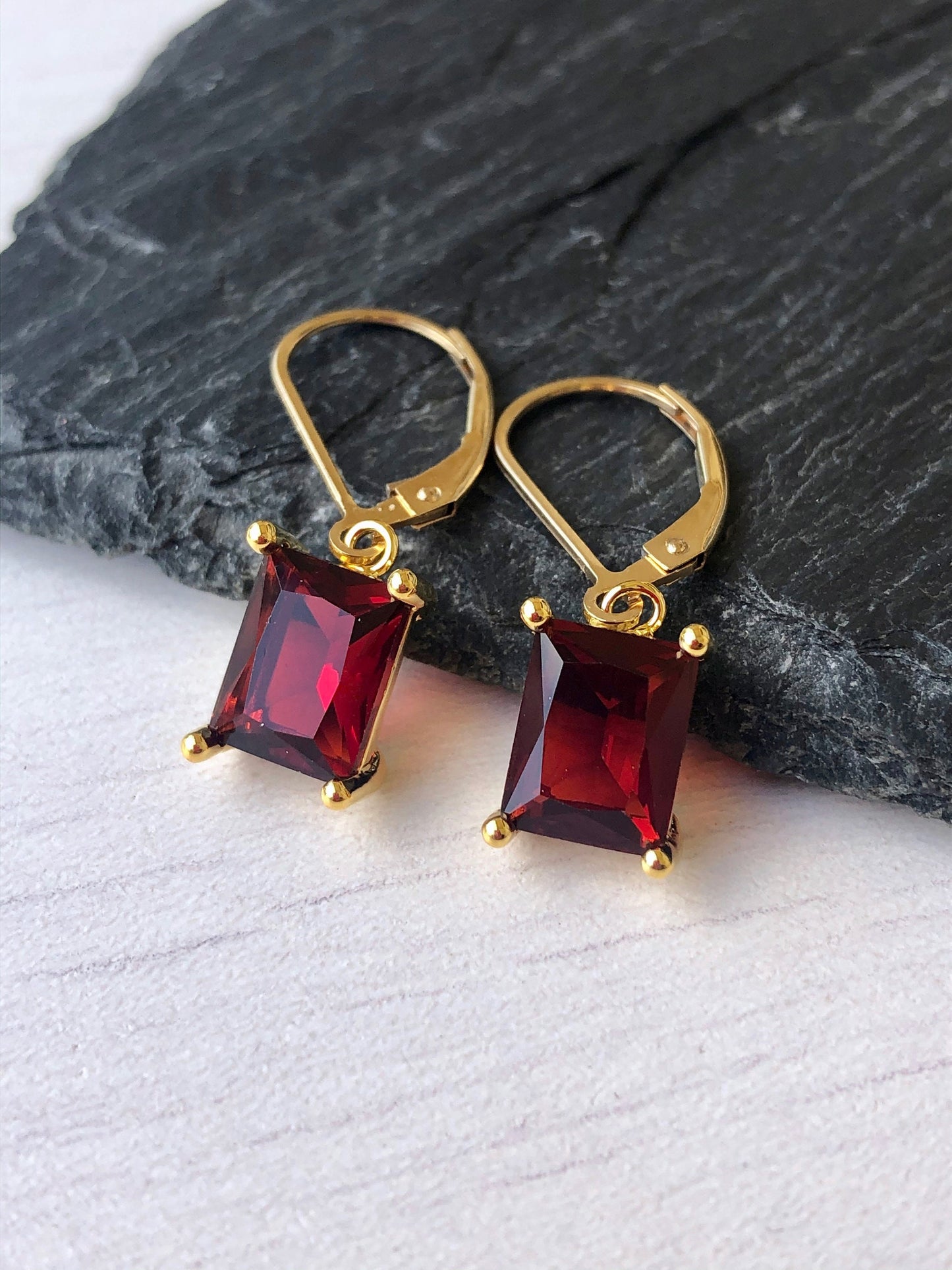 Garnet Emerald Cut Earrings in Gold or Silver