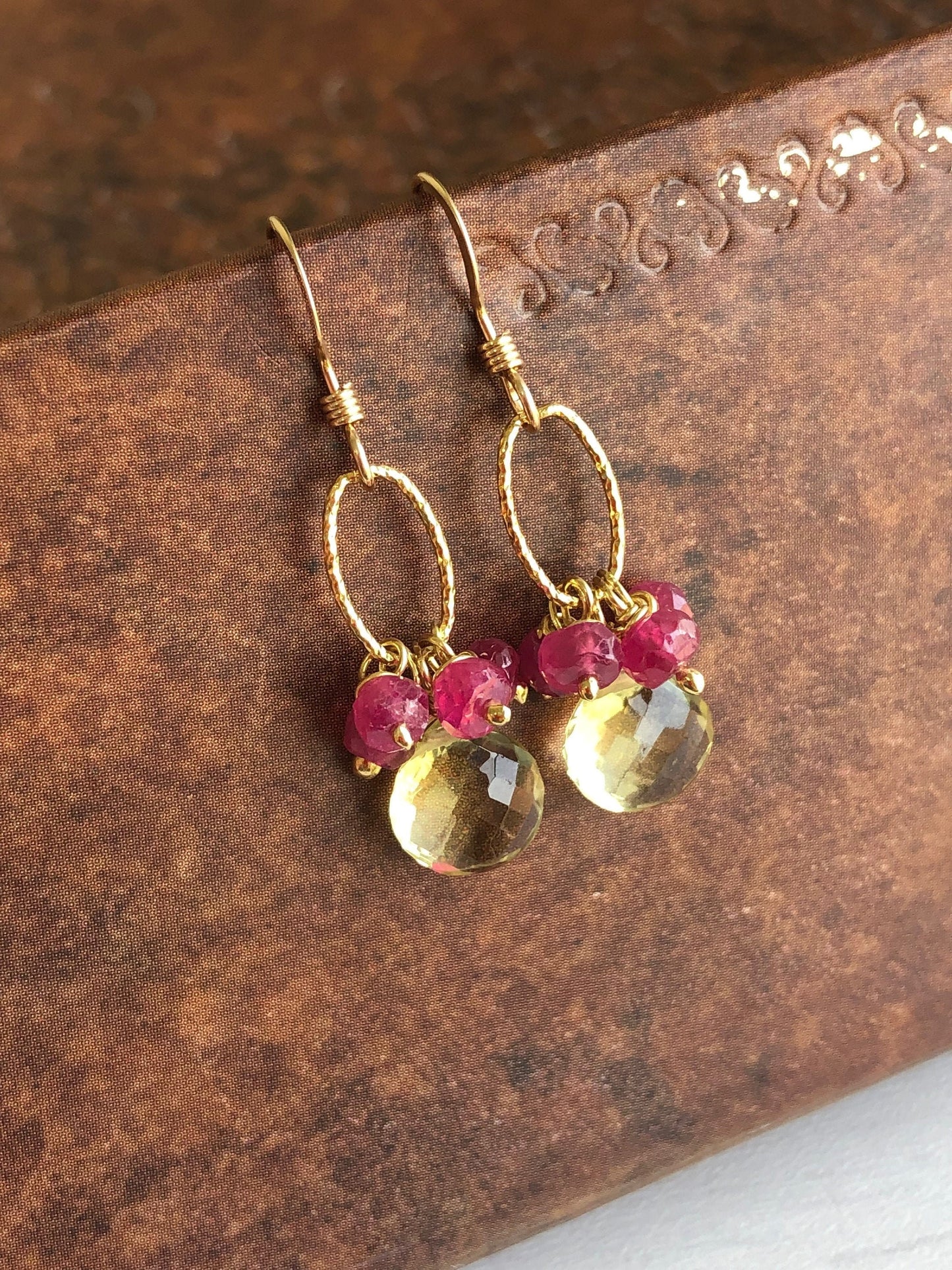 Lemon Citrine and Ruby Minimalist Earrings