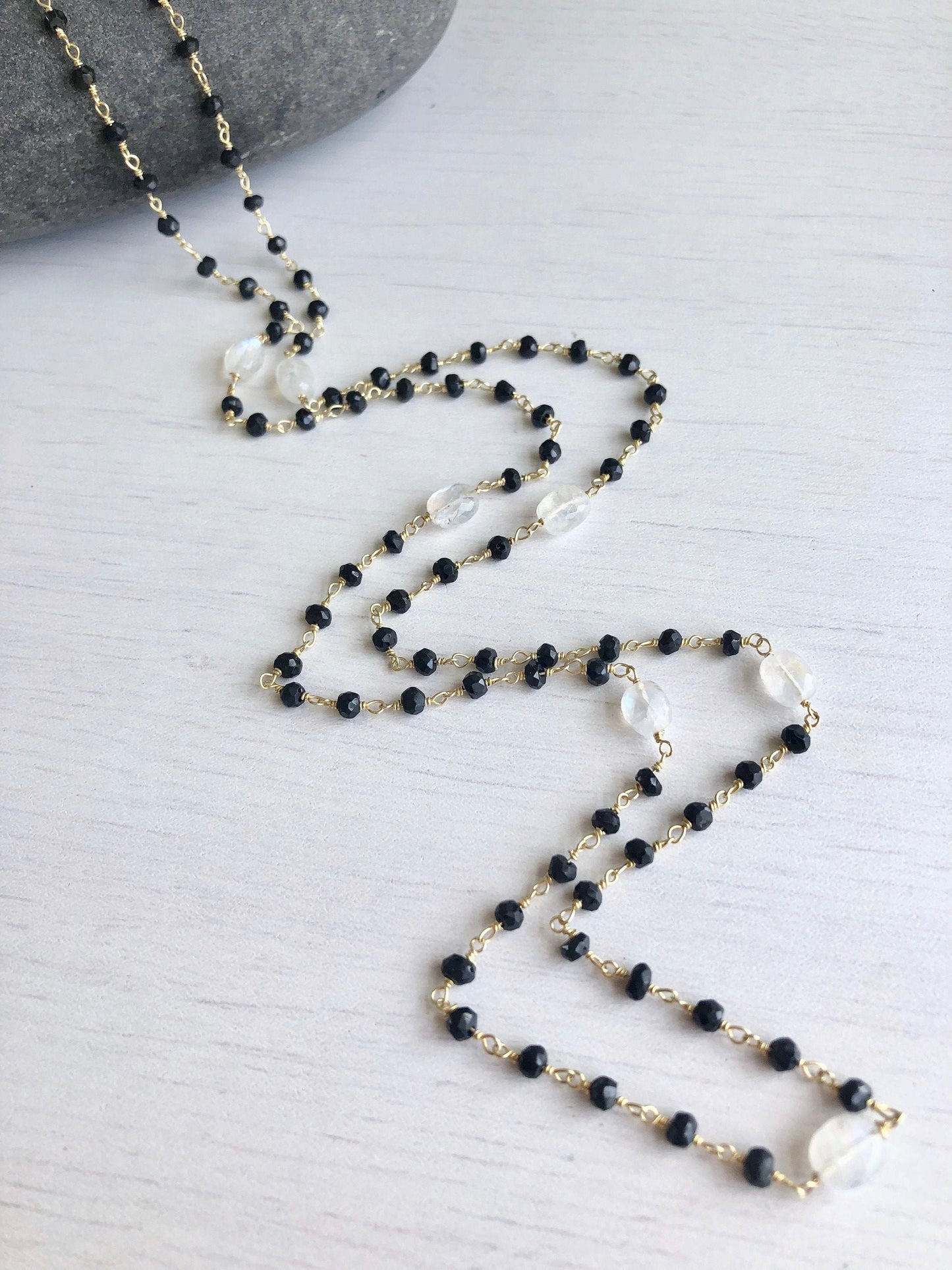 Black Onyx and Rainbow Moonstone Necklace