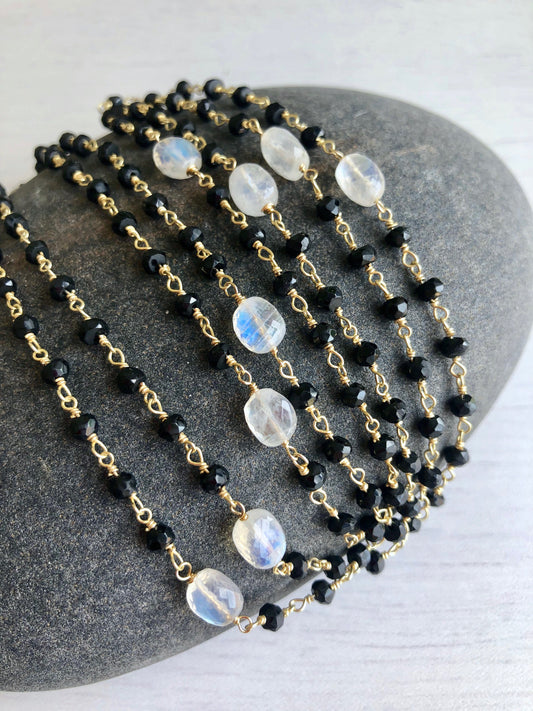 Black Onyx and Rainbow Moonstone Necklace, Black and White Layering Jewelry, Long Beaded Necklace in Gold or Silver, Onyx Gift for Women