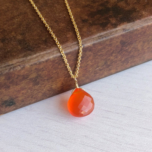 Carnelian Necklace, Orange Carnelian Pendant, July Birthstone, Dainty Gemstone Teardrop, Minimal Layering Jewelry, Gift for women