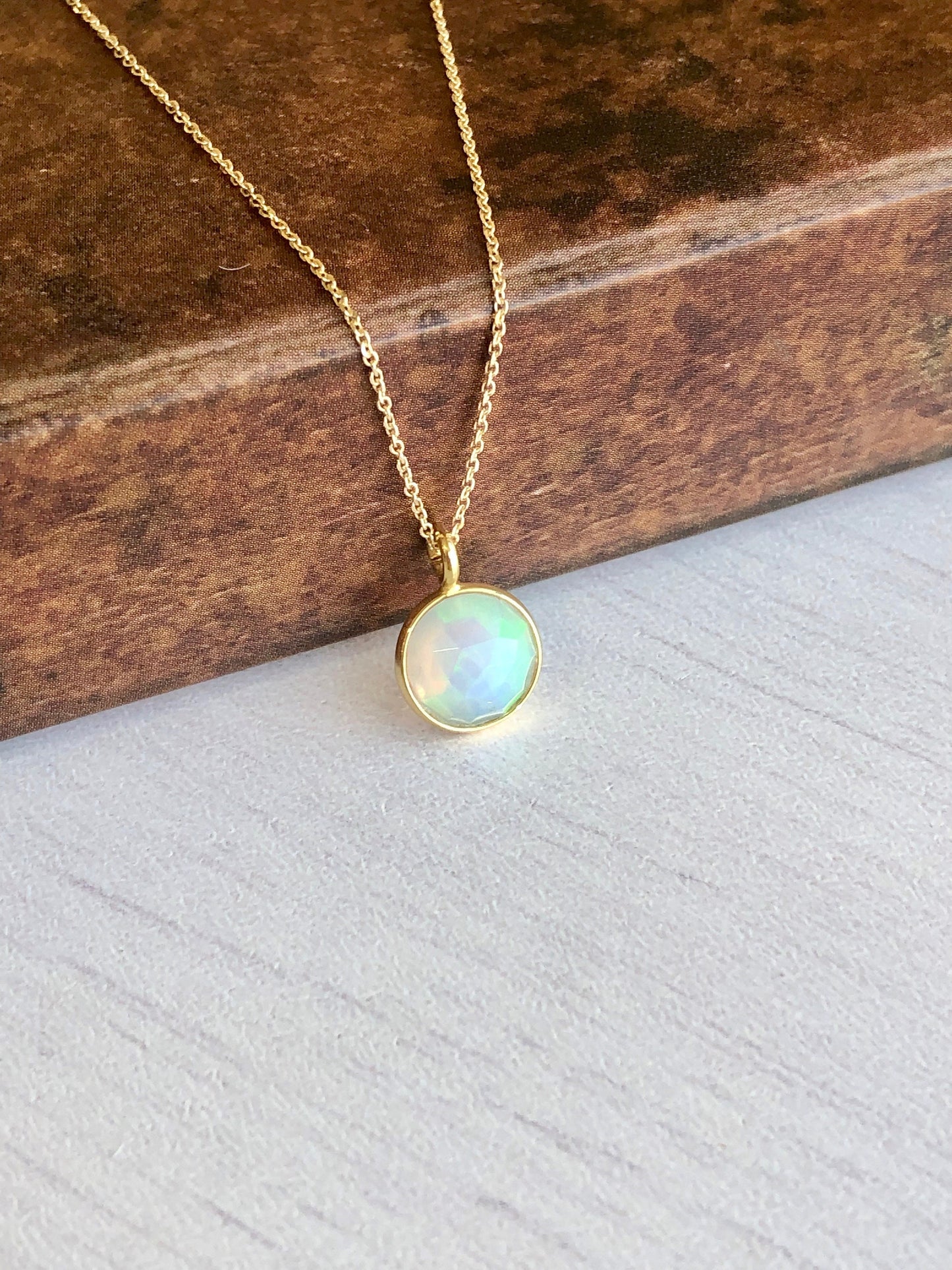 Tiny Ethiopian Opal Pendant, Real Gold Minimalist Necklace