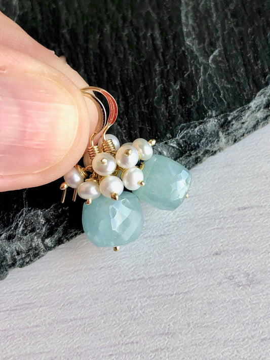 Aquamarine and Pearl Earrings, March Birthstone