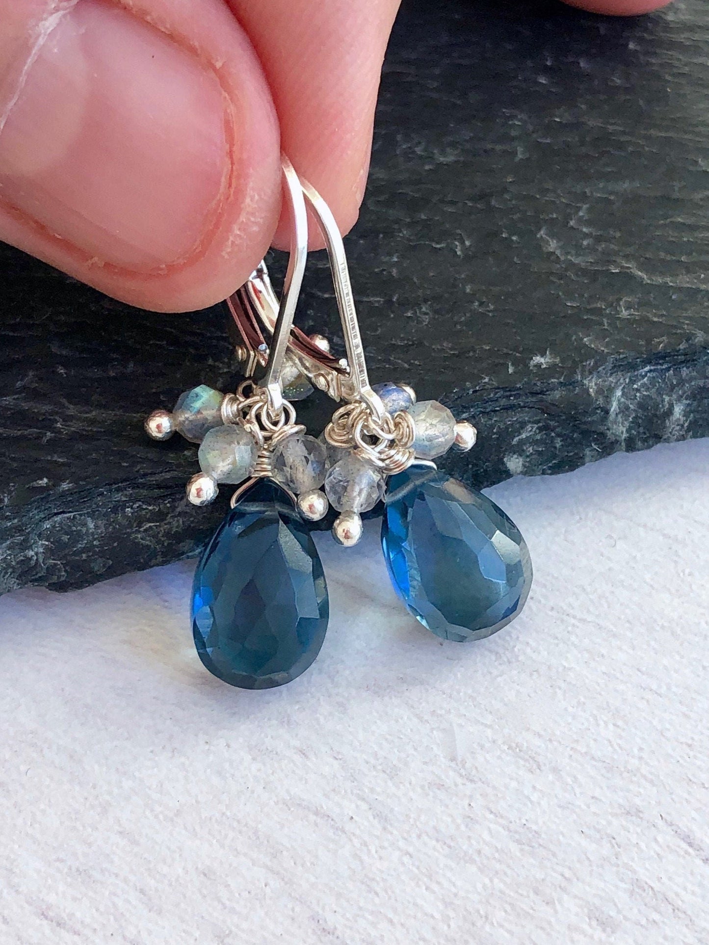 Blue Topaz Earrings, Blue Topaz and Labradorite Bead Earrings, Navy Teardrop with Labradorite, December Birthstone, Royal Blue Jewelry Gift