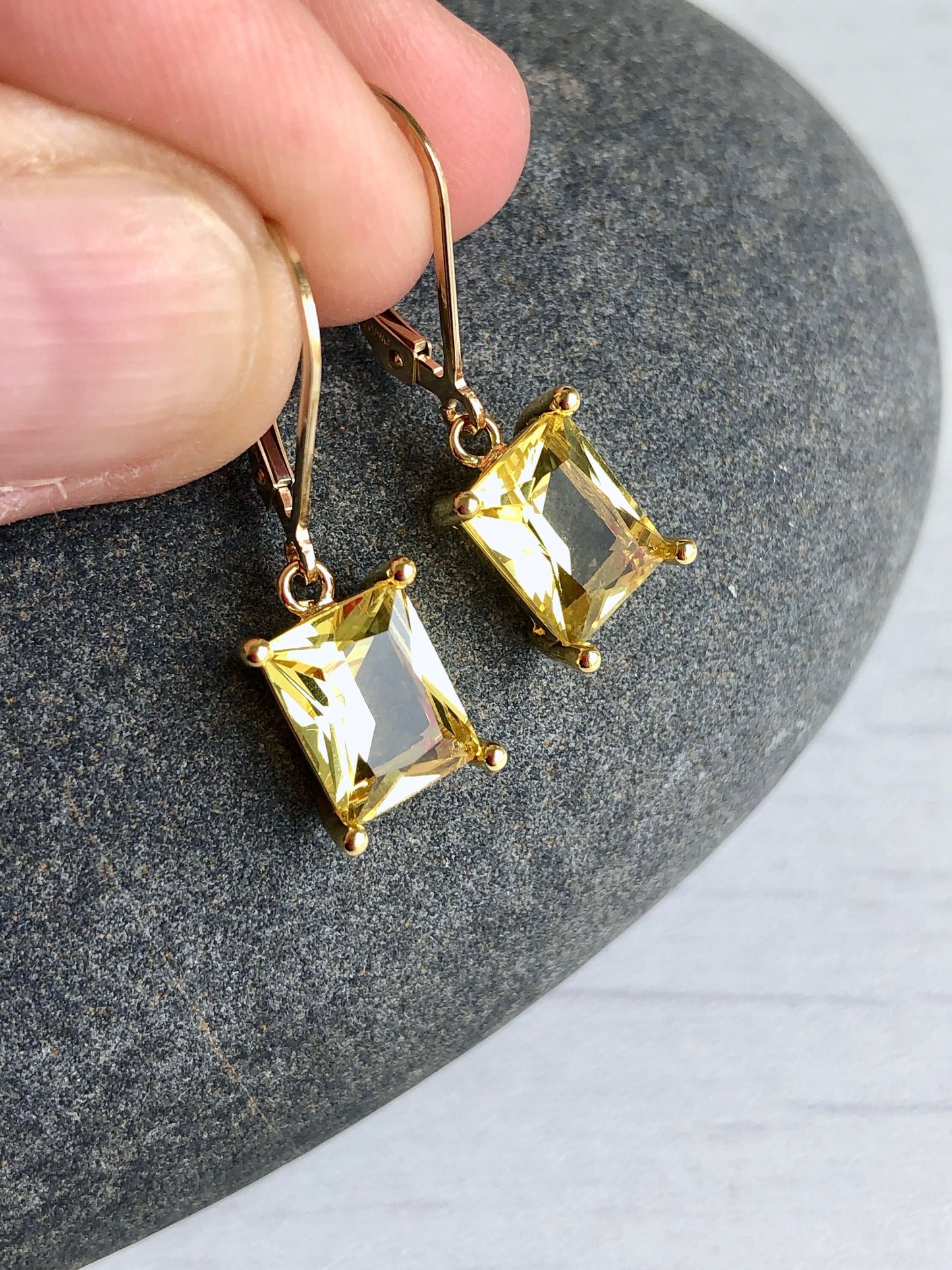 Citrine Earrings, Yellow Citrine Emerald Cut Dangle Drops in Gold or Silver