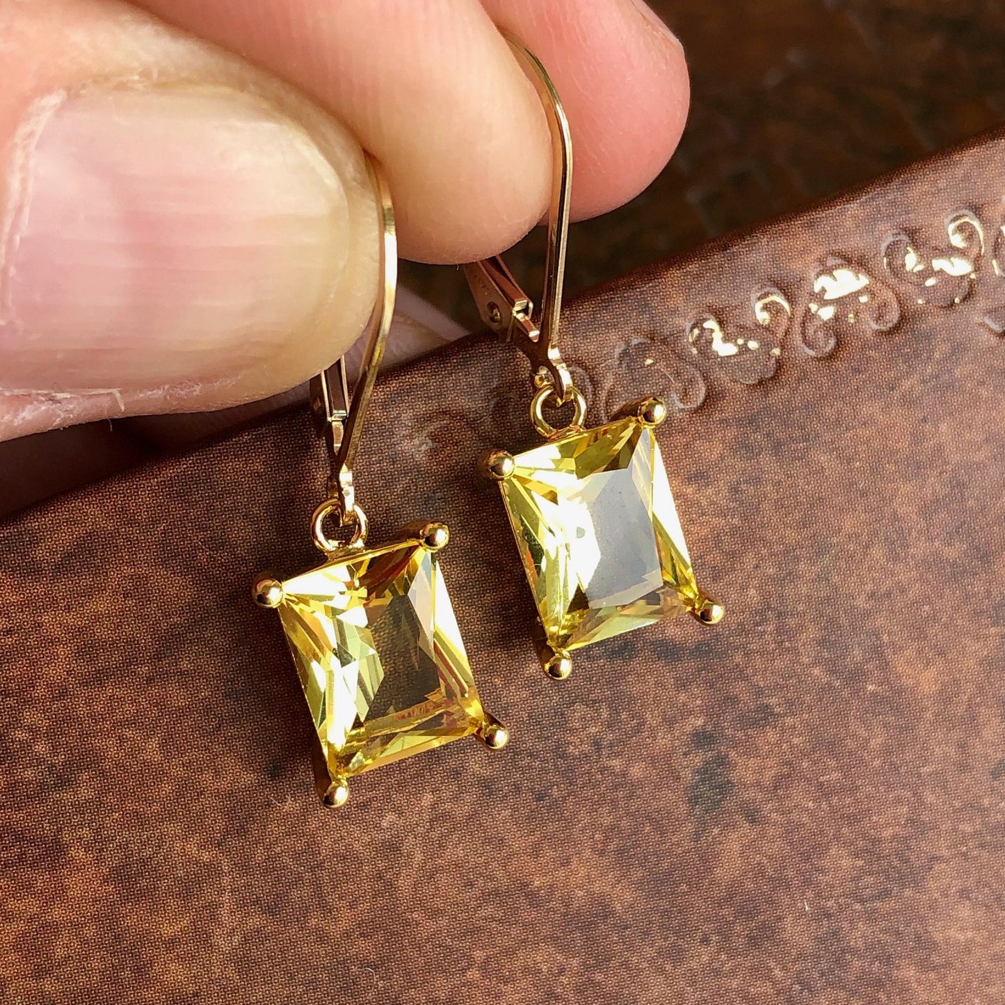 Citrine Earrings, Yellow Citrine Emerald Cut Dangle Drops in Gold or Silver