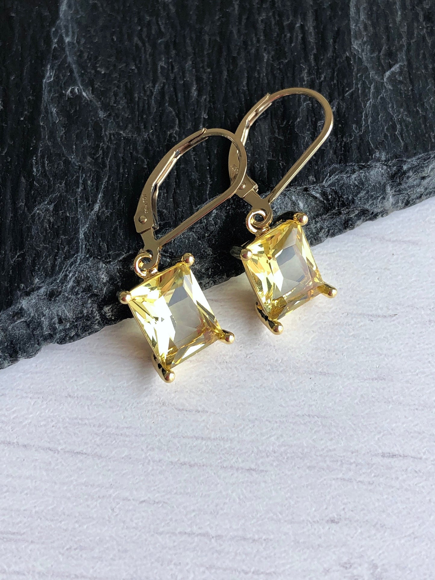 Citrine Earrings, Yellow Citrine Emerald Cut Dangle Drops in Gold or Silver