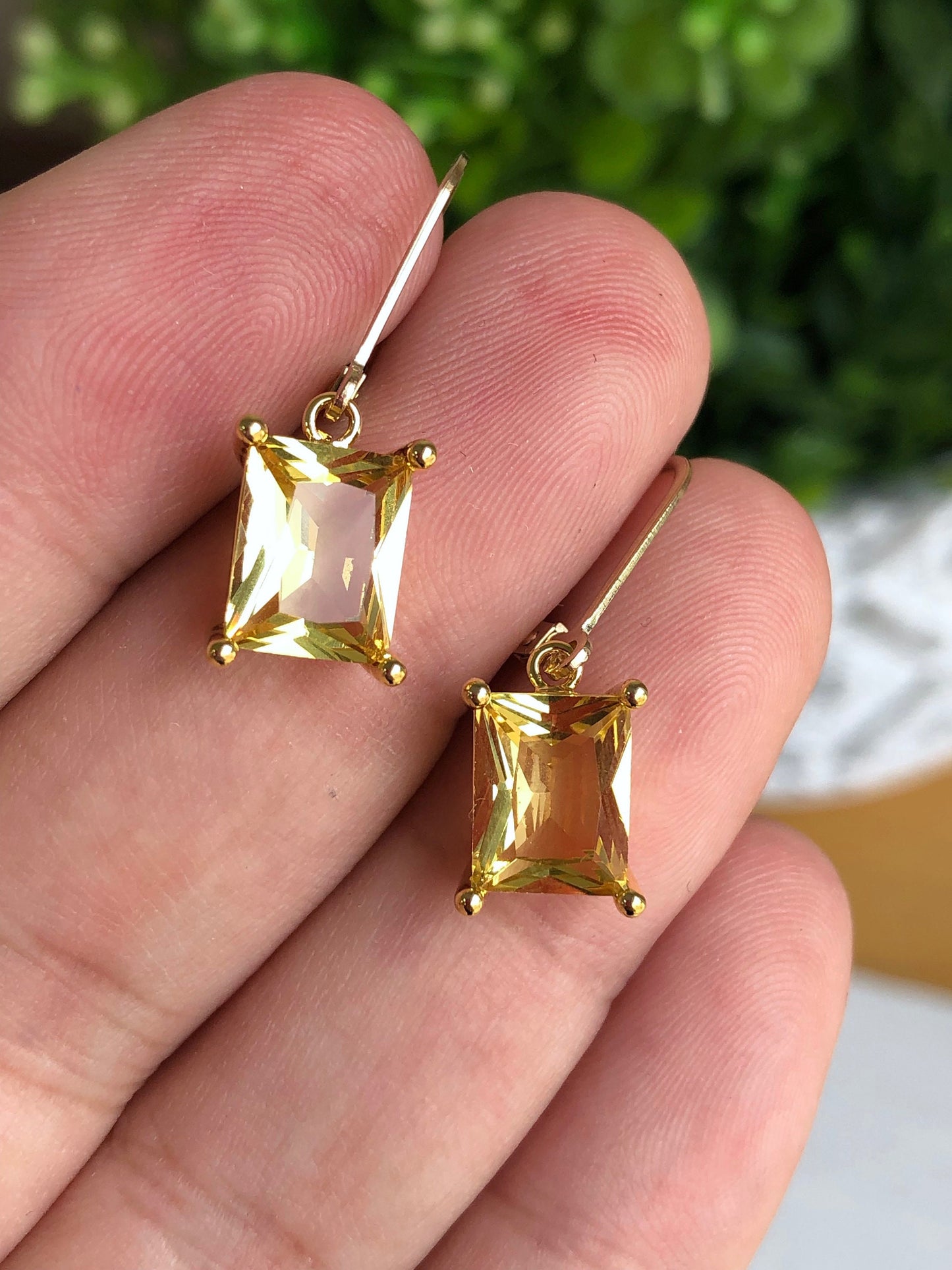 Citrine Earrings, Yellow Citrine Emerald Cut Dangle Drops in Gold or Silver