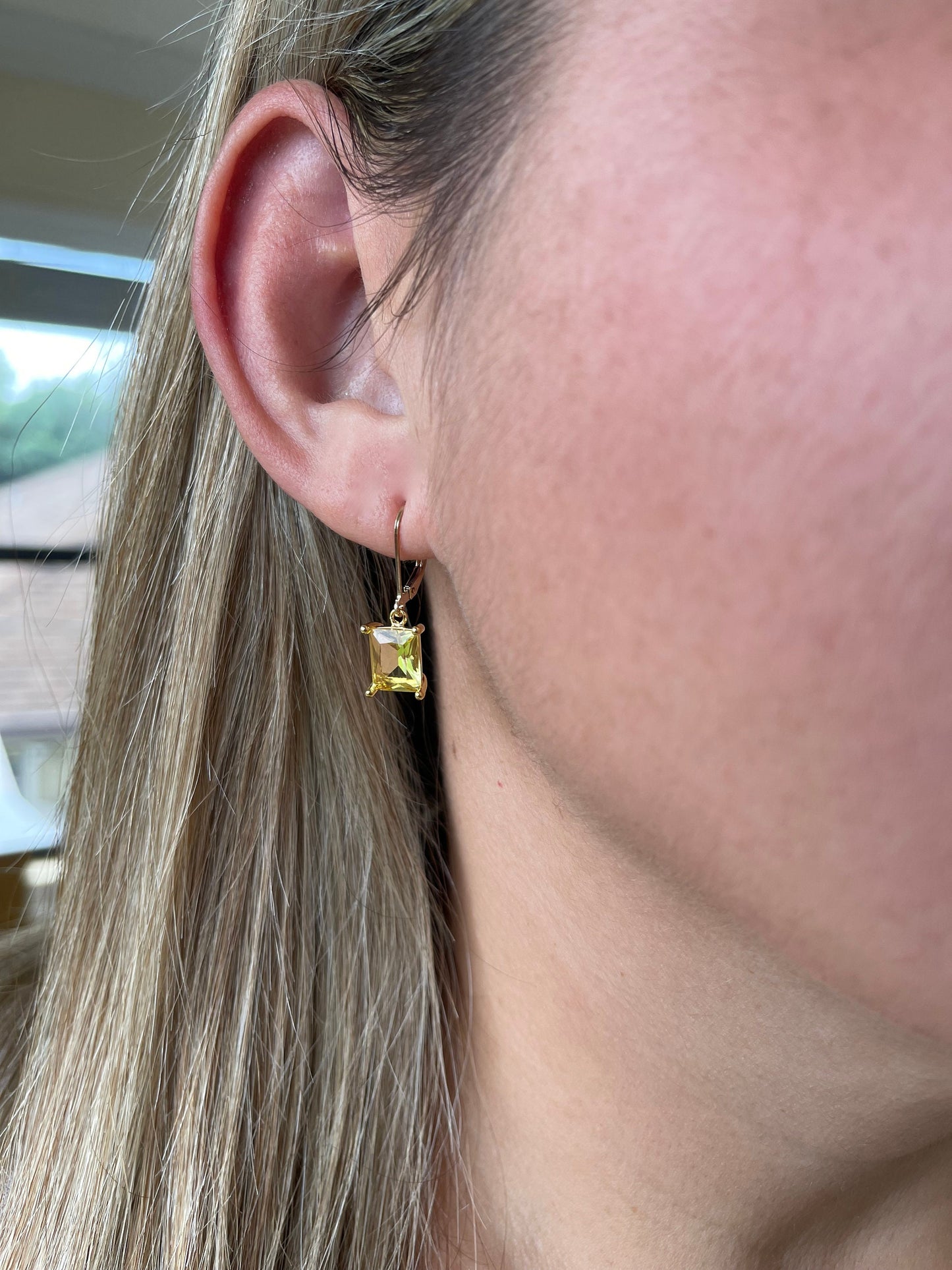 Citrine Earrings, Yellow Citrine Emerald Cut Dangle Drops in Gold or Silver