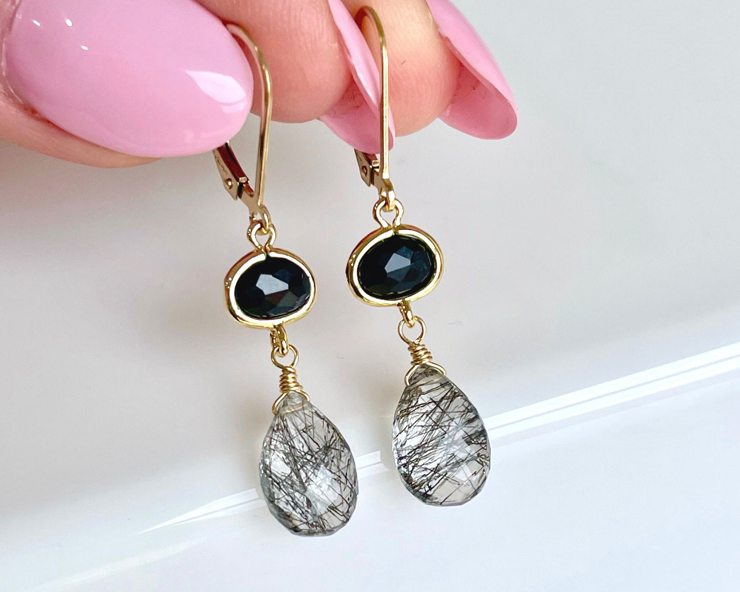 Onyx and Rutilated Quartz Earrings