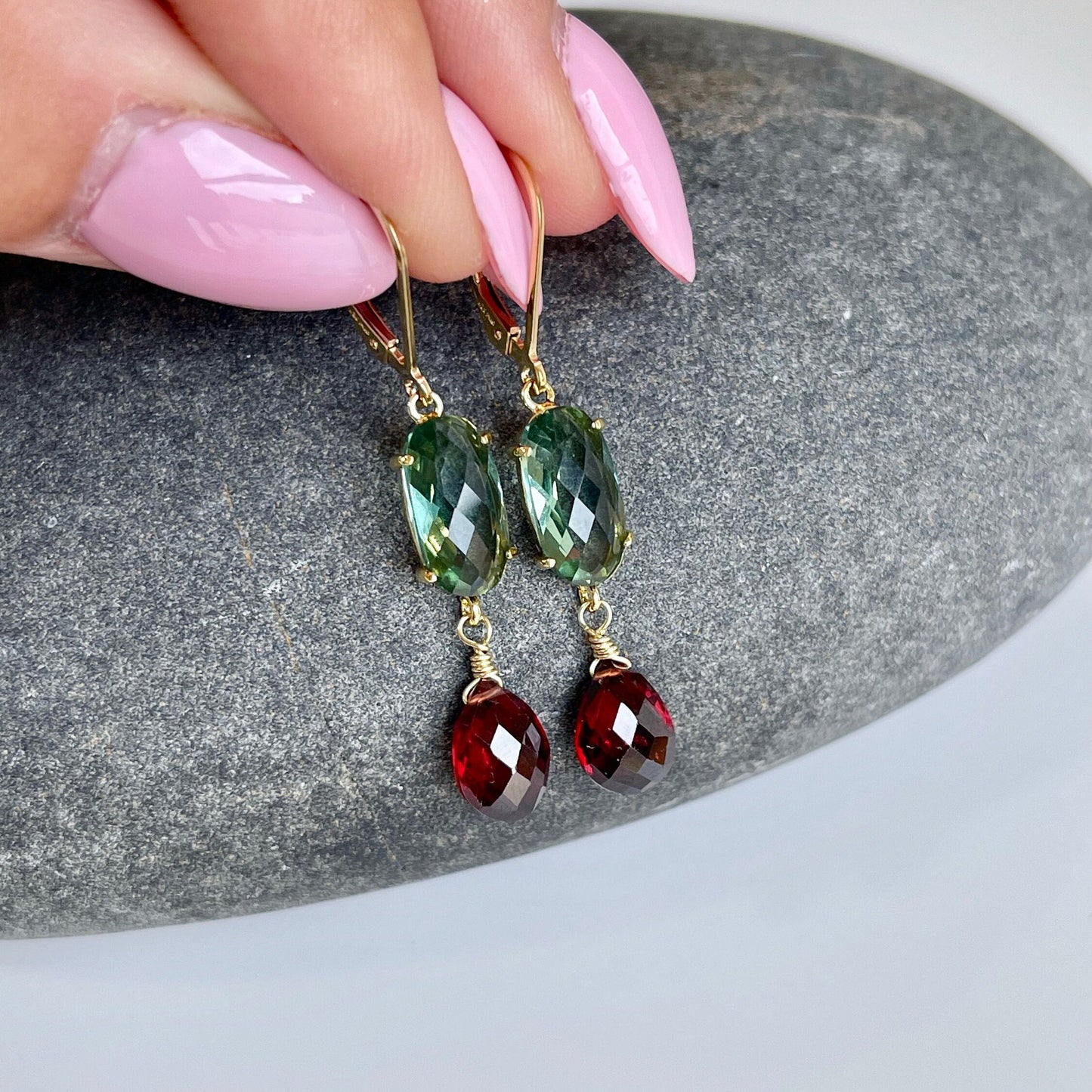 Green Topaz and Garnet Statement Earrings