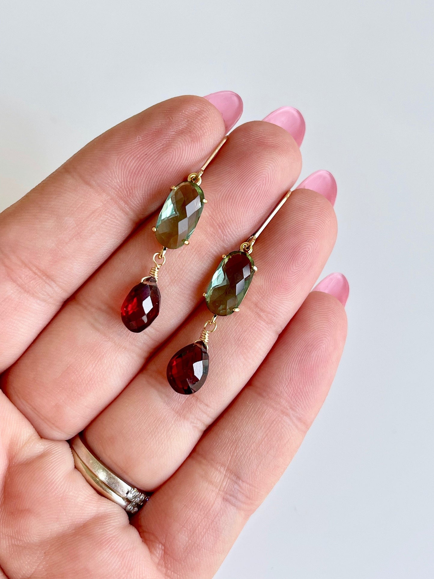 Green Topaz and Garnet Statement Earrings