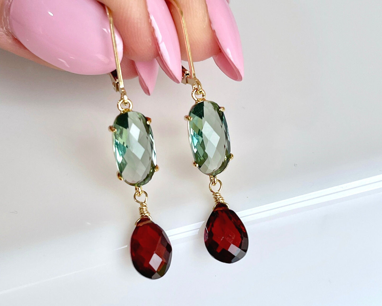 Green Topaz and Garnet Statement Earrings