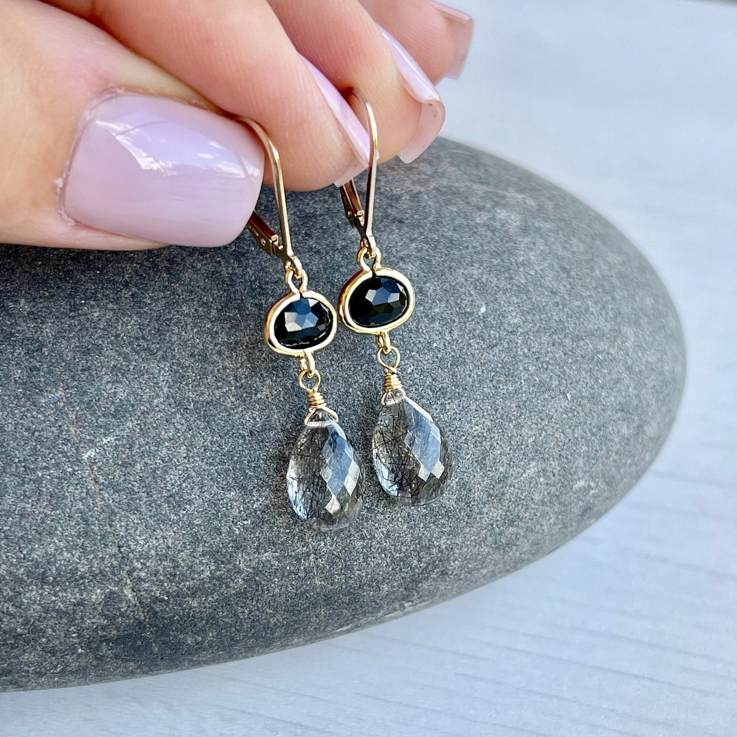 Onyx and Rutilated Quartz Earrings