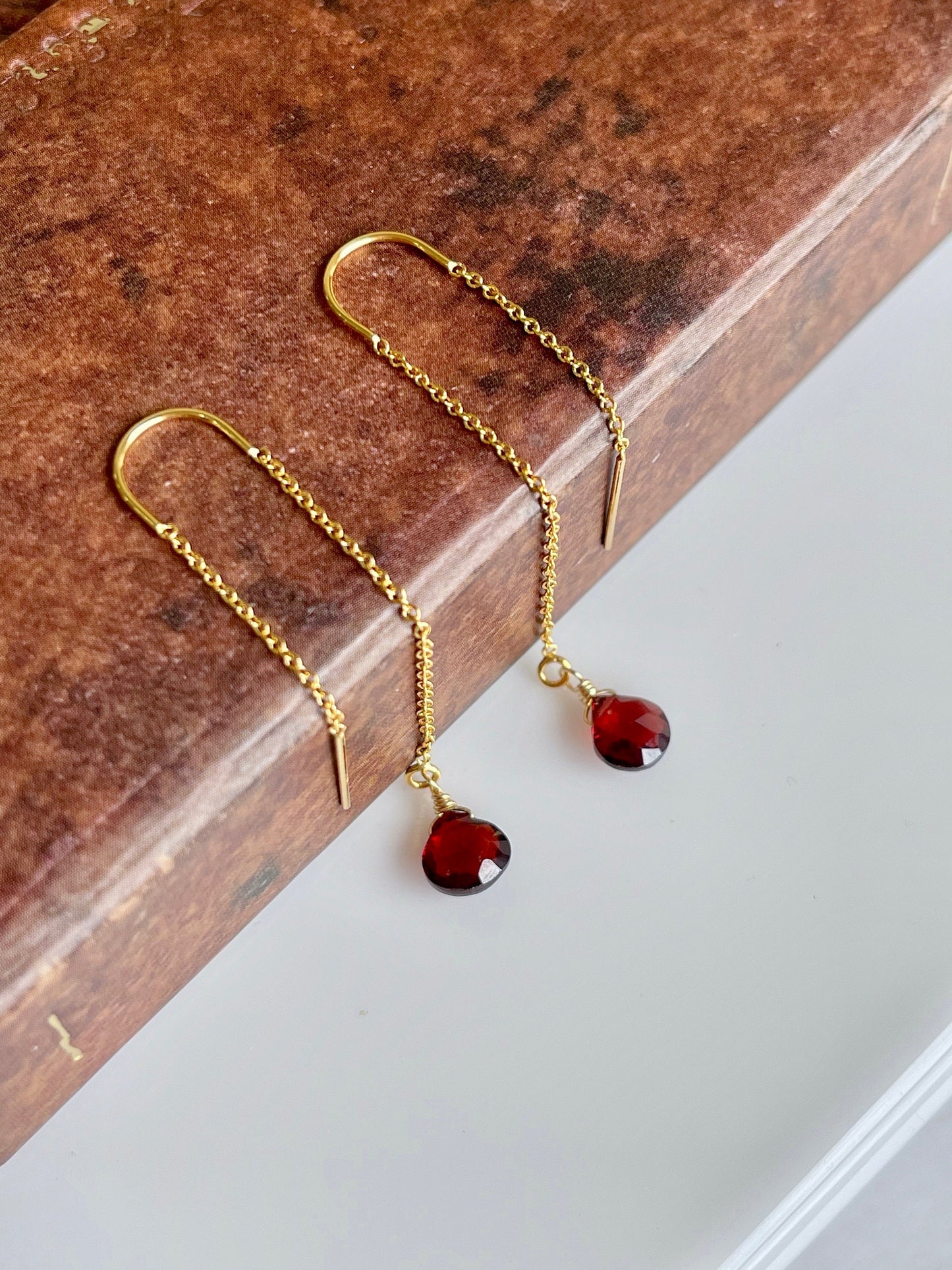 Garnet Threader Pull Through Earrings