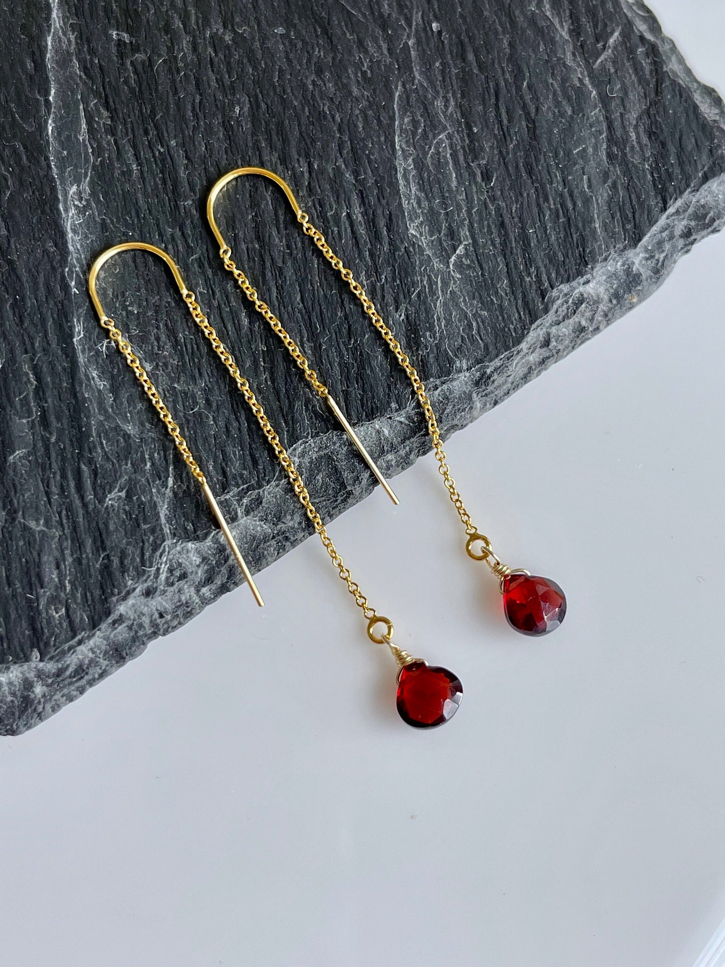 Garnet Threader Pull Through Earrings