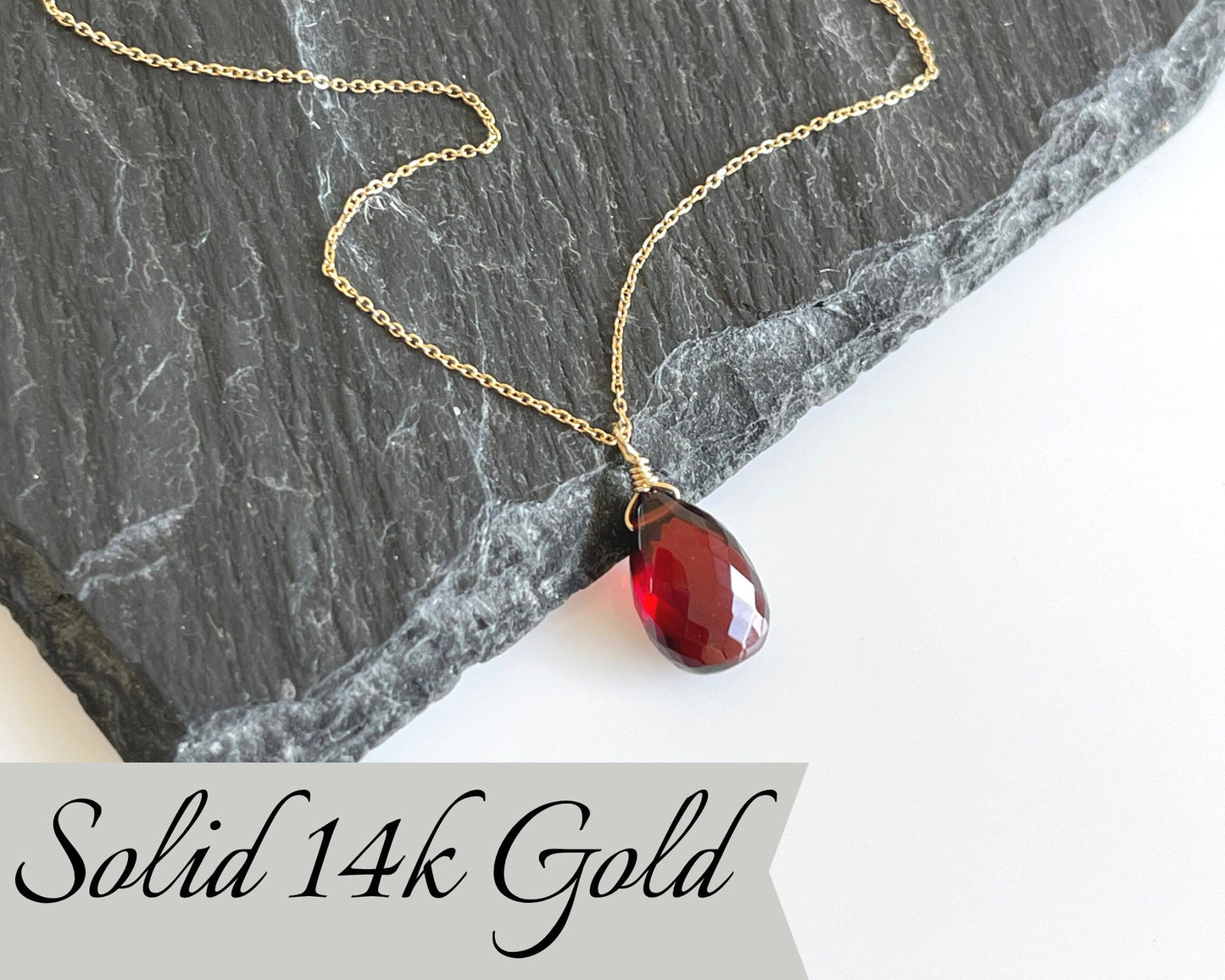 Garnet Teardrop Necklace- Solid 14k Gold