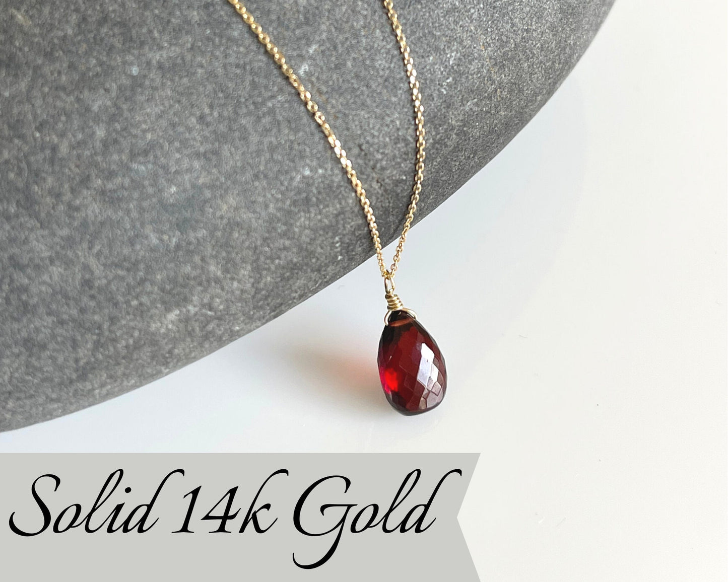 Garnet Teardrop Necklace- Solid 14k Gold