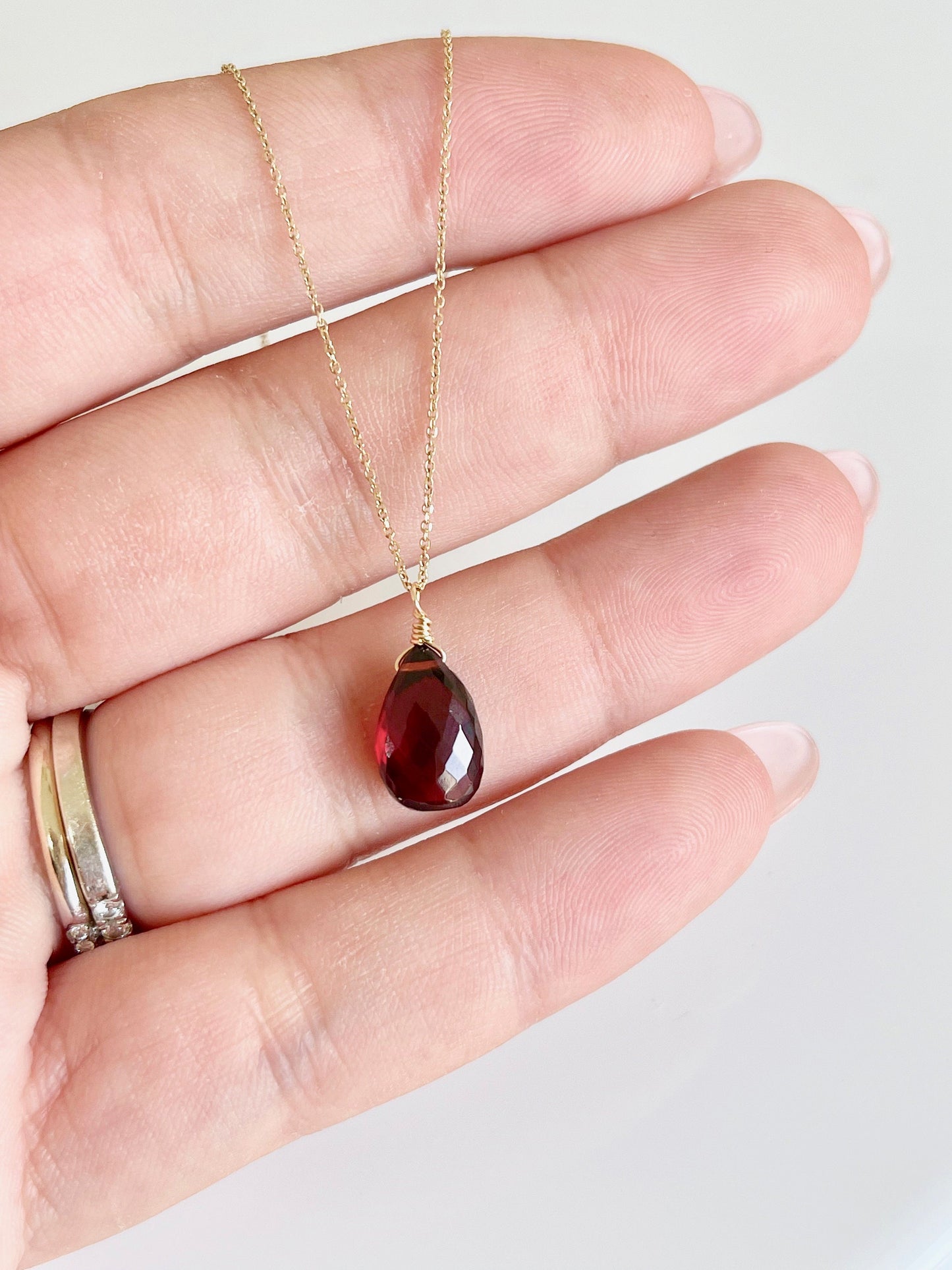 Garnet Teardrop Necklace- Solid 14k Gold