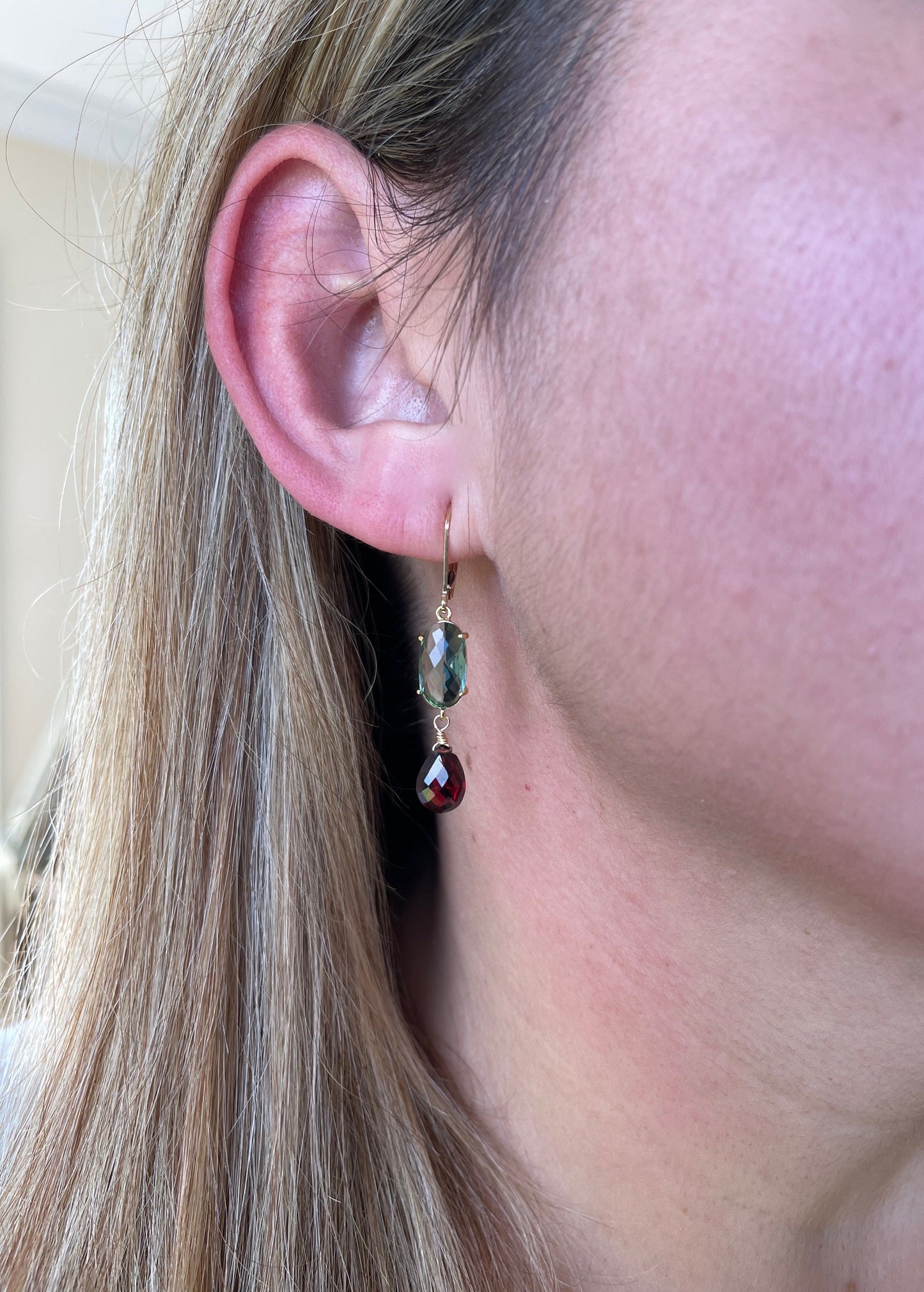 Green Topaz and Garnet Statement Earrings