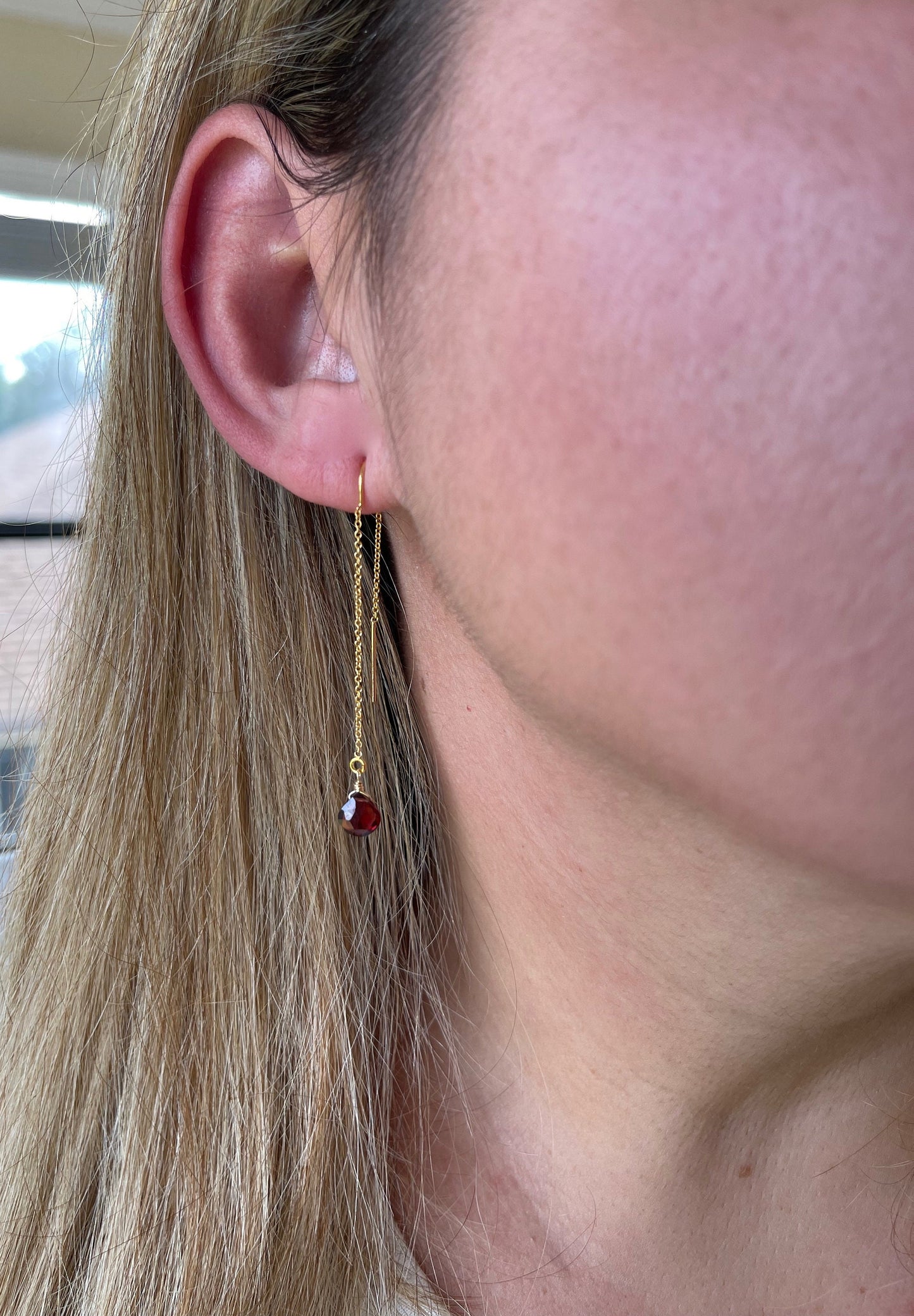 Garnet Threader Pull Through Earrings