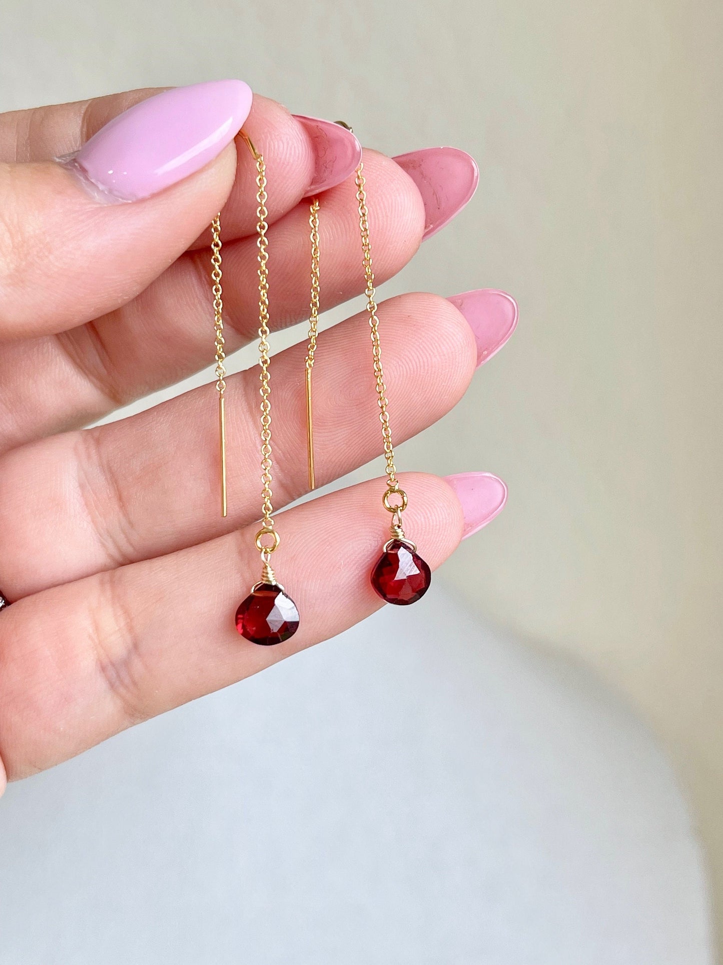 Garnet Threader Pull Through Earrings