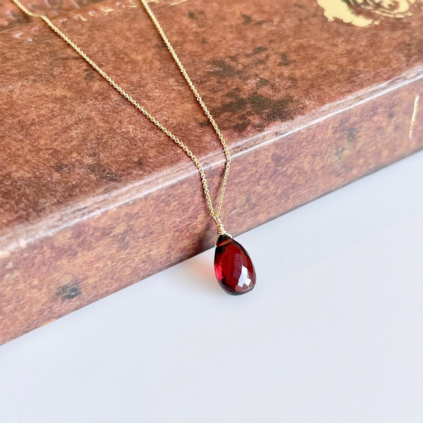 Garnet Teardrop Necklace- Solid 14k Gold