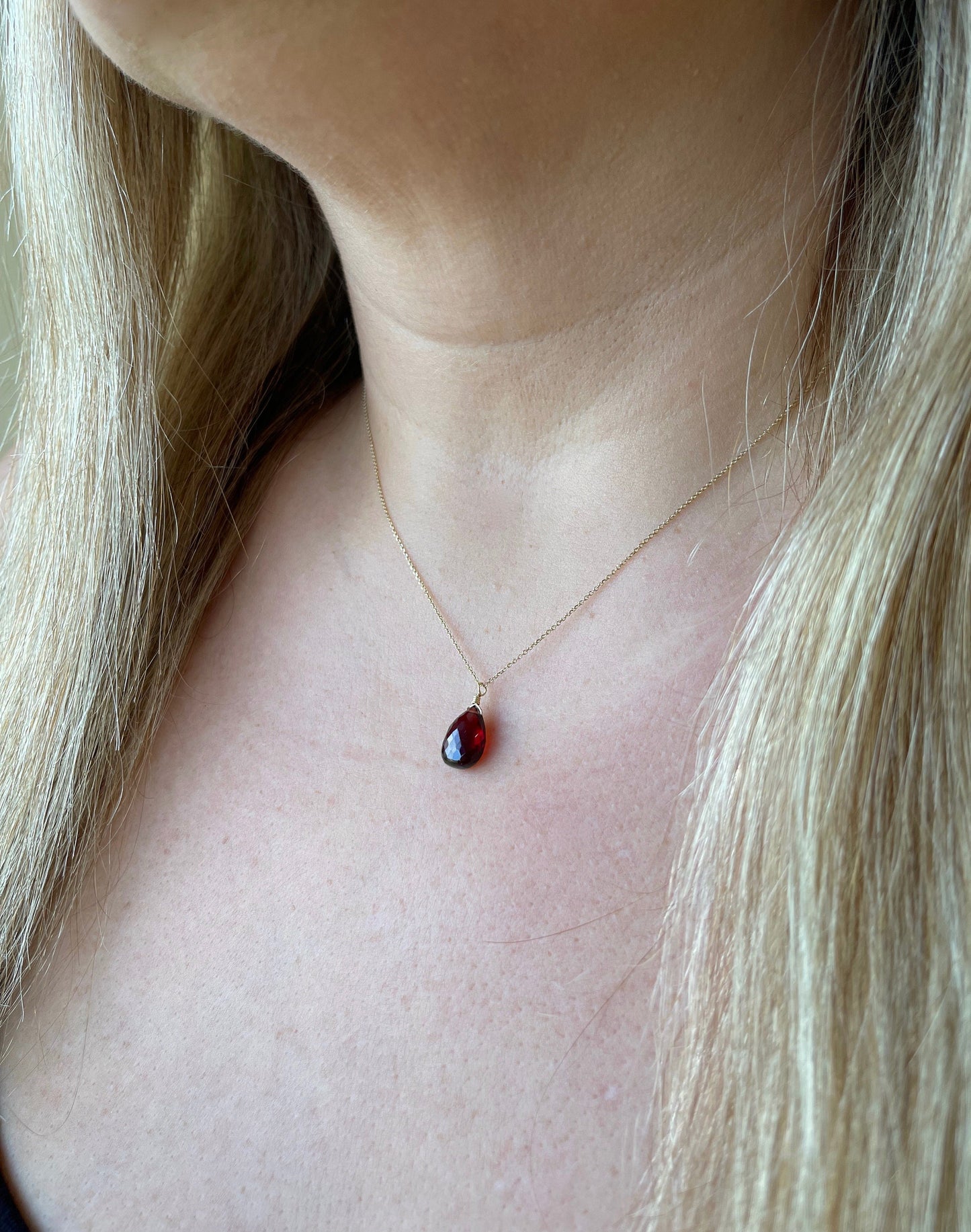 Garnet Teardrop Necklace- Solid 14k Gold