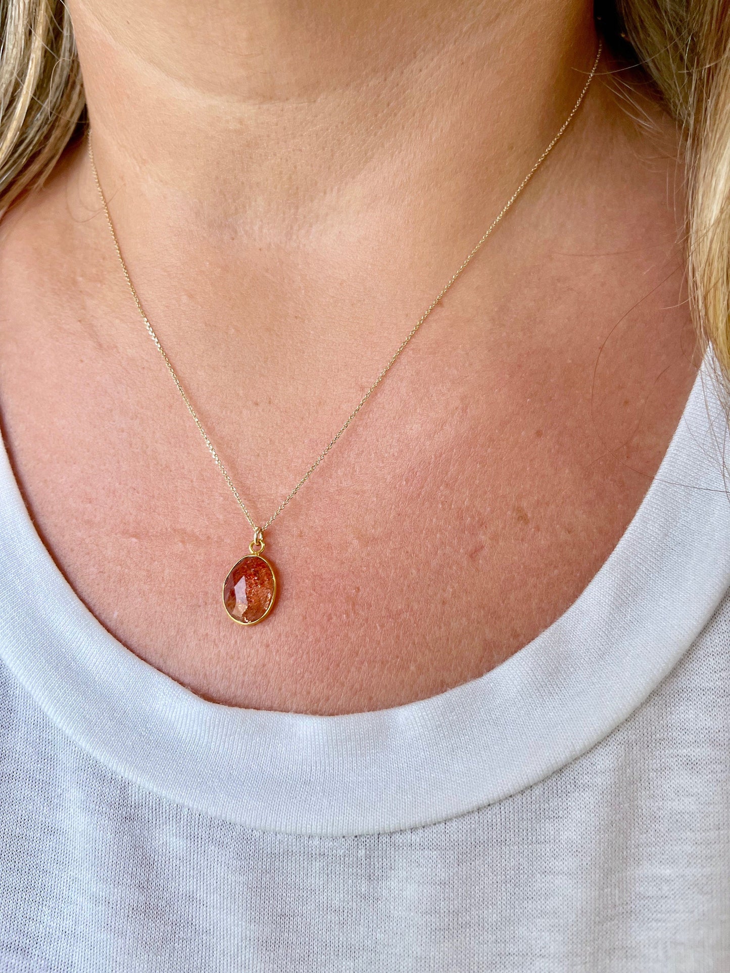 Orange Sunstone Necklace, Solid Gold Necklace