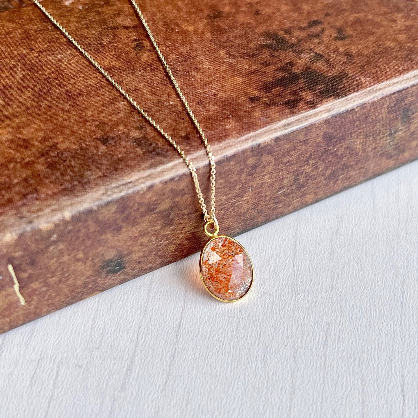 Orange Sunstone Necklace, Solid Gold Necklace