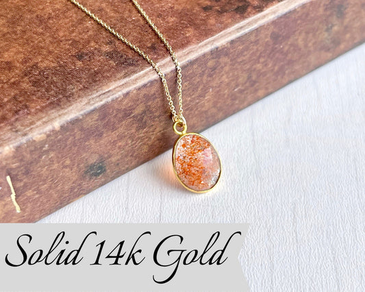 Orange Sunstone Necklace, Solid Gold Necklace