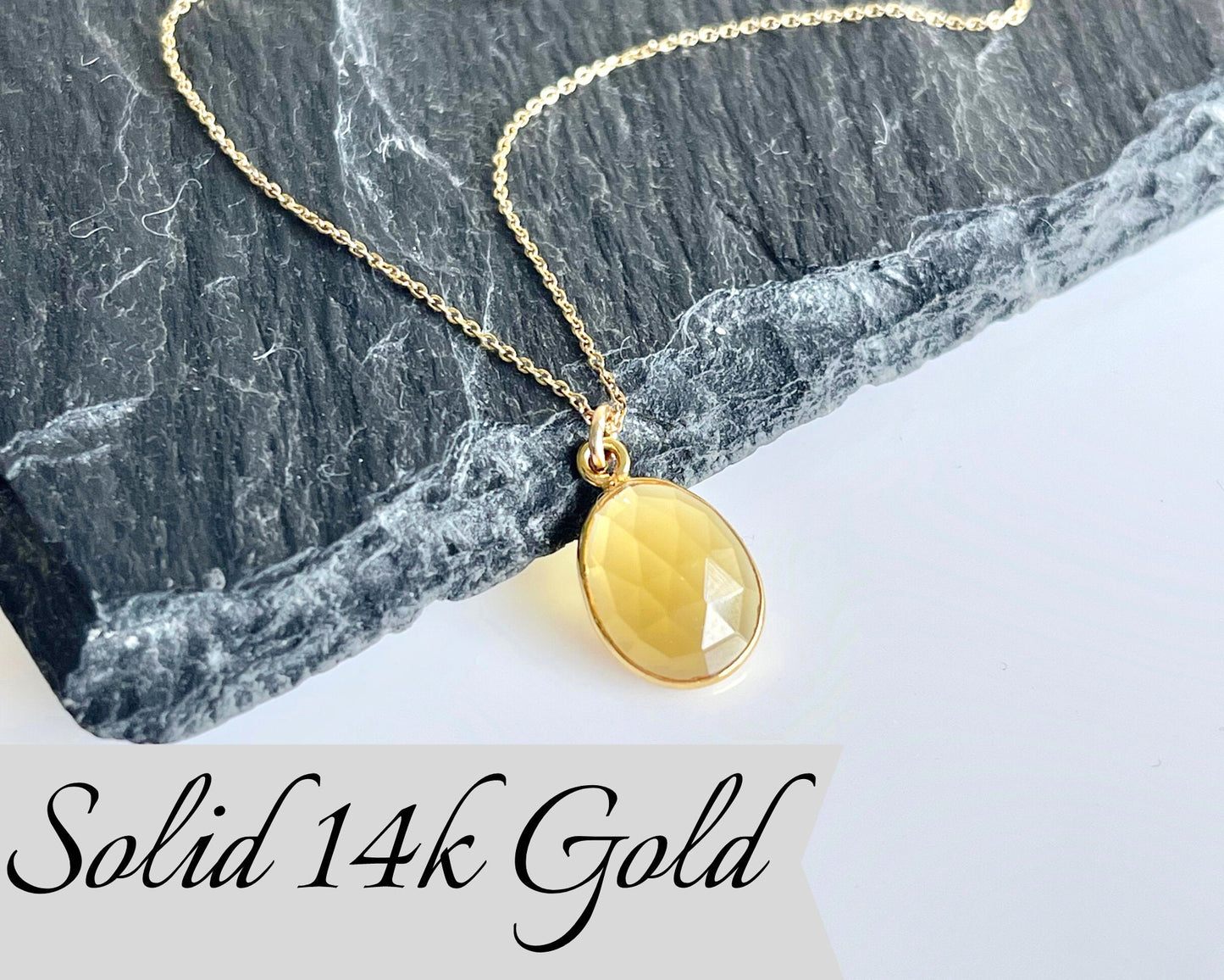 Citrine Necklace, Solid 14K Gold Necklace, Minimalist Yellow Oval Pendant