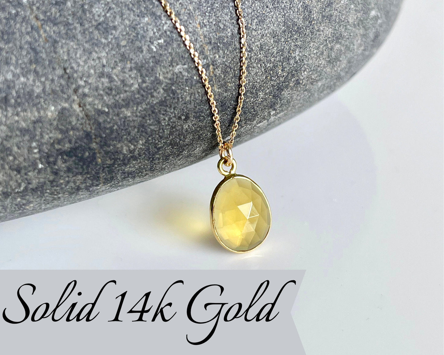 Citrine Necklace, Solid 14K Gold Necklace, Minimalist Yellow Oval Pendant