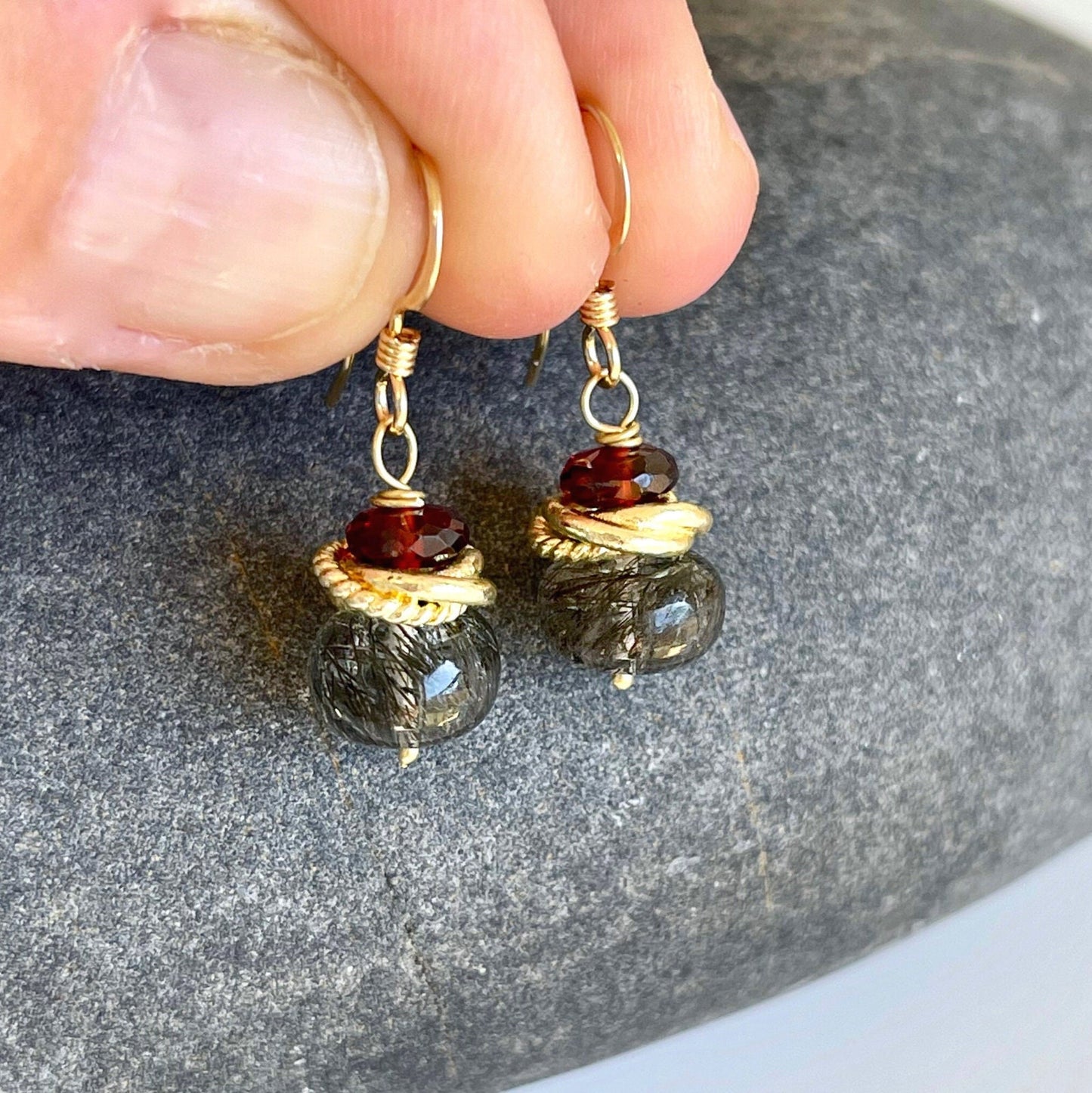 Rutilated Quartz and Garnet Earrings