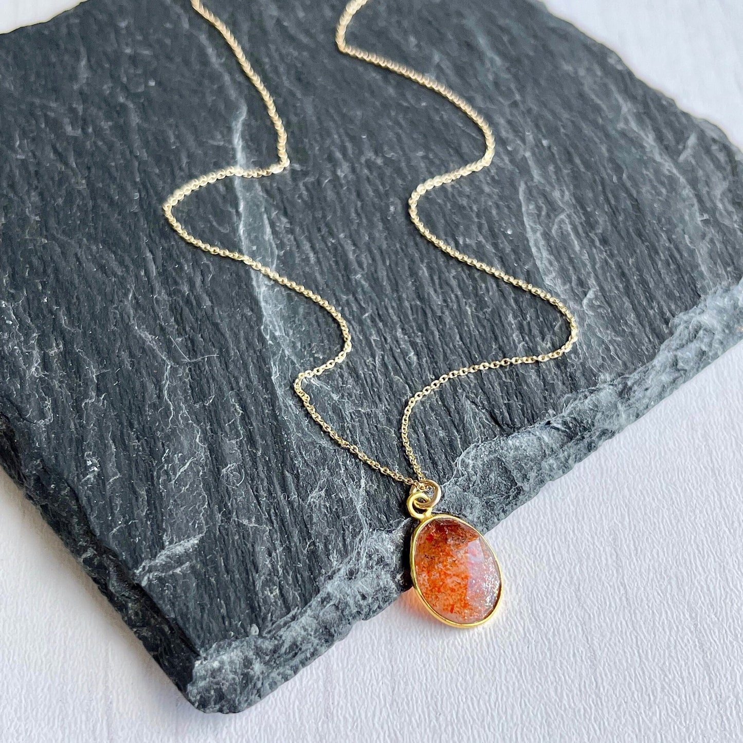 Orange Sunstone Necklace, Solid Gold Necklace