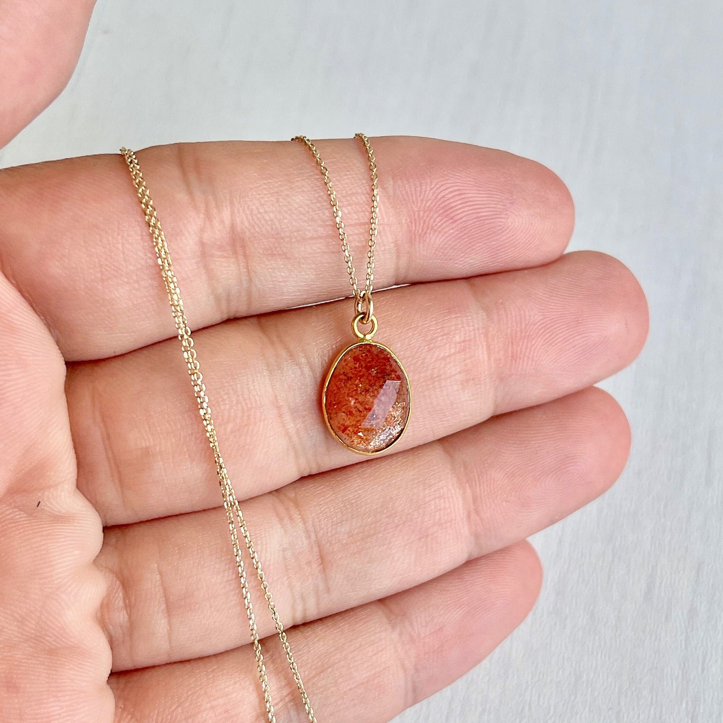 Orange Sunstone Necklace, Solid Gold Necklace