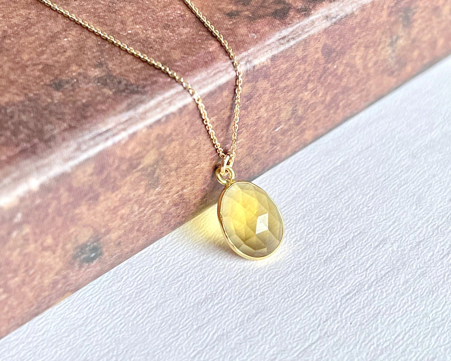 Citrine Necklace, Solid 14K Gold Necklace, Minimalist Yellow Oval Pendant