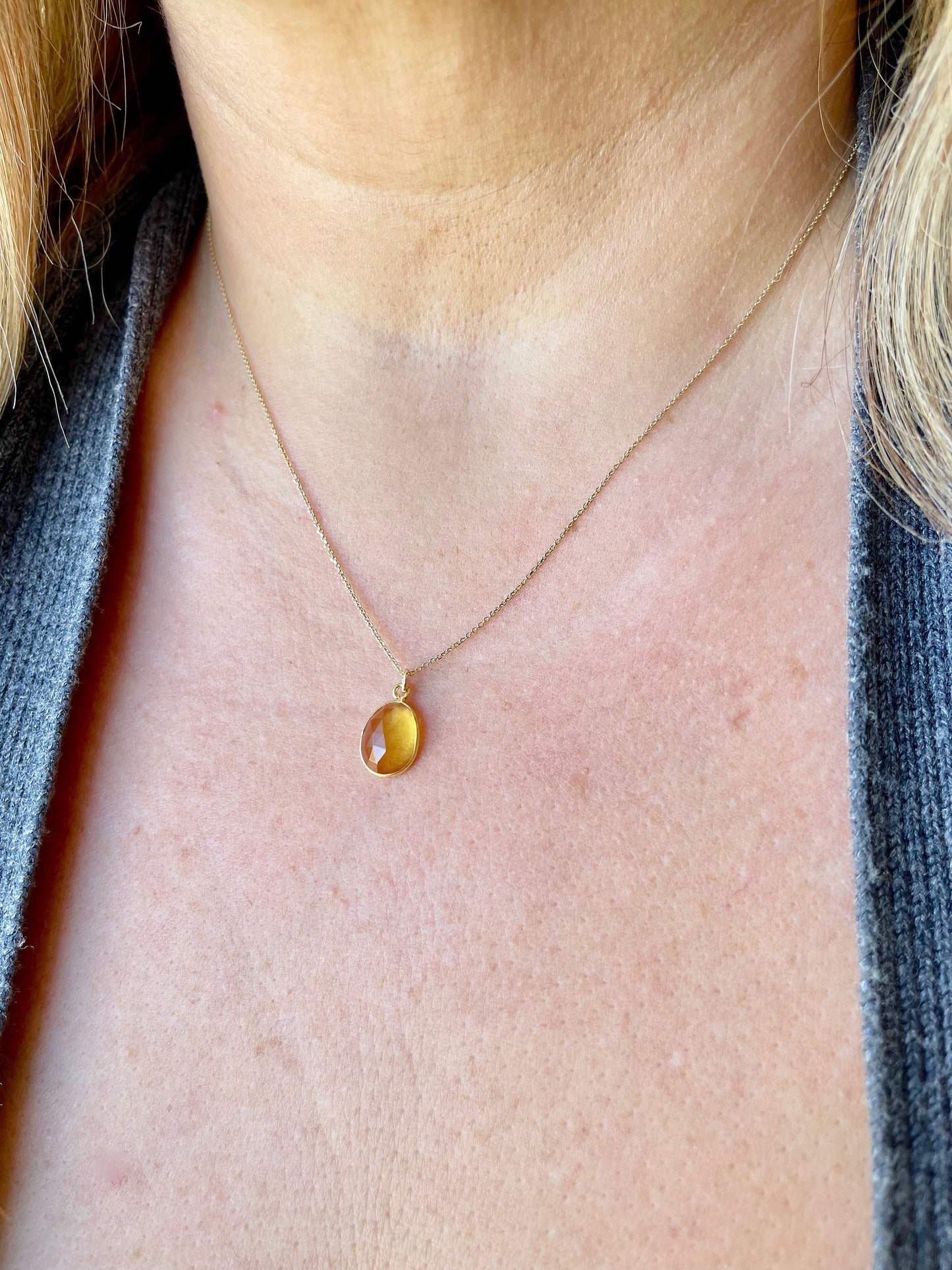 Citrine Necklace, Solid 14K Gold Necklace, Minimalist Yellow Oval Pendant