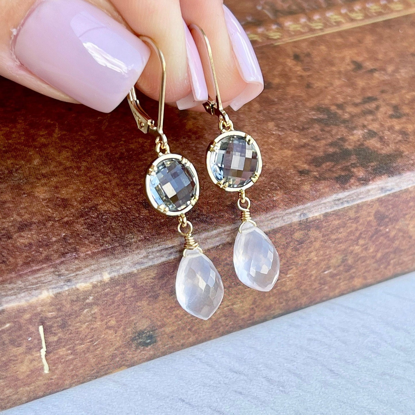 Pink Quartz and Mystic Topaz Dangle Drop Earrings in Gold