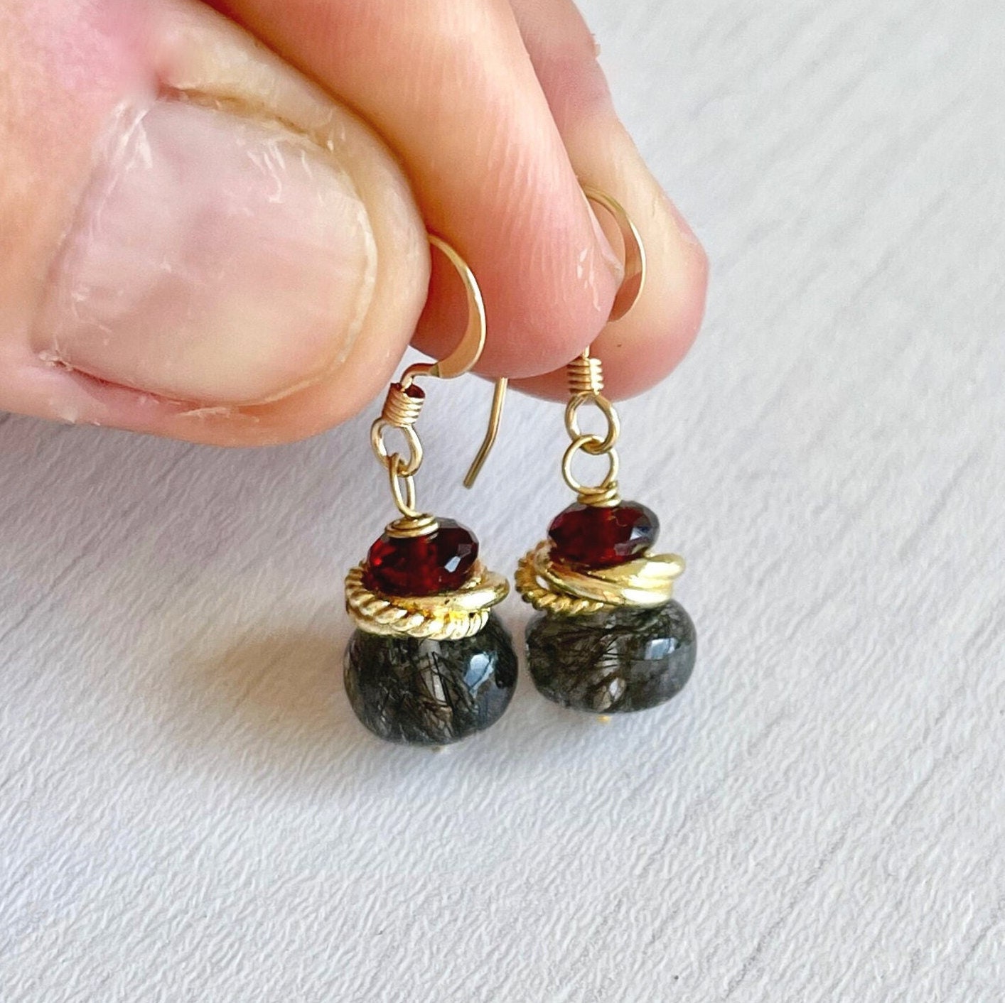 Rutilated Quartz and Garnet Earrings