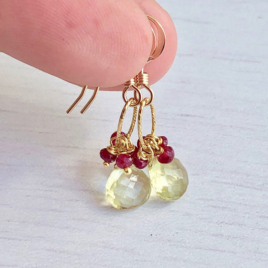 Lemon Citrine and Red Ruby Minimalist Earrings