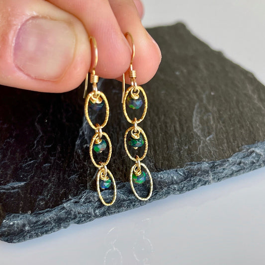 Black Opal Earrings, October Birthstone, Dainty Ethiopian Dark Opal Dangle Earrings, Opal Minimalist Jewelry Gold or Silver, Gift for mom