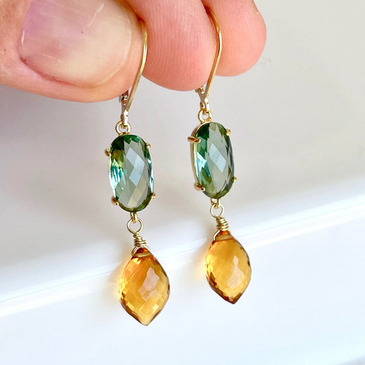 Green Topaz and Golden Citrine Statement Earrings