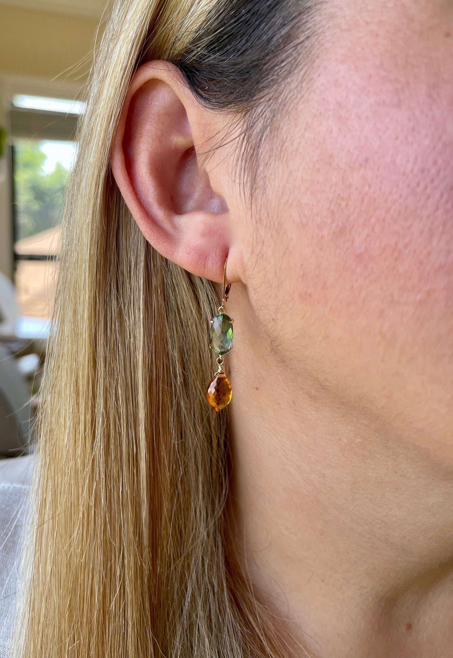 Green Topaz and Golden Citrine Statement Earrings