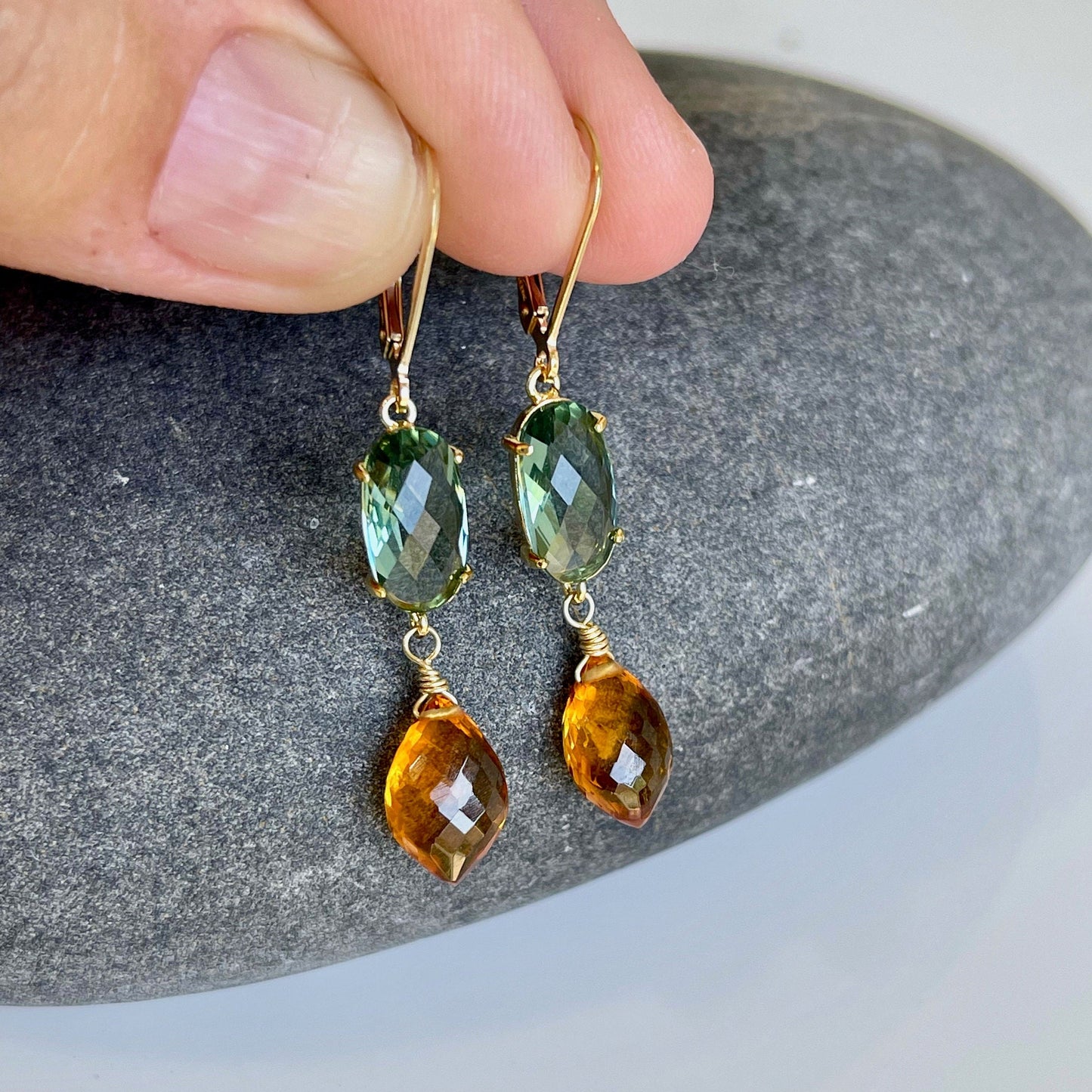 Green Topaz and Golden Citrine Statement Earrings