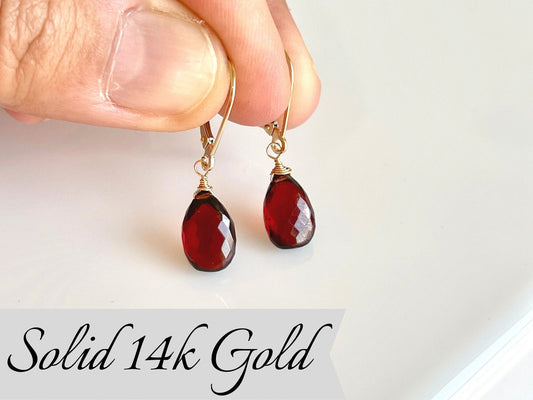 Garnet Teardrop Earrings- Solid 14k Gold