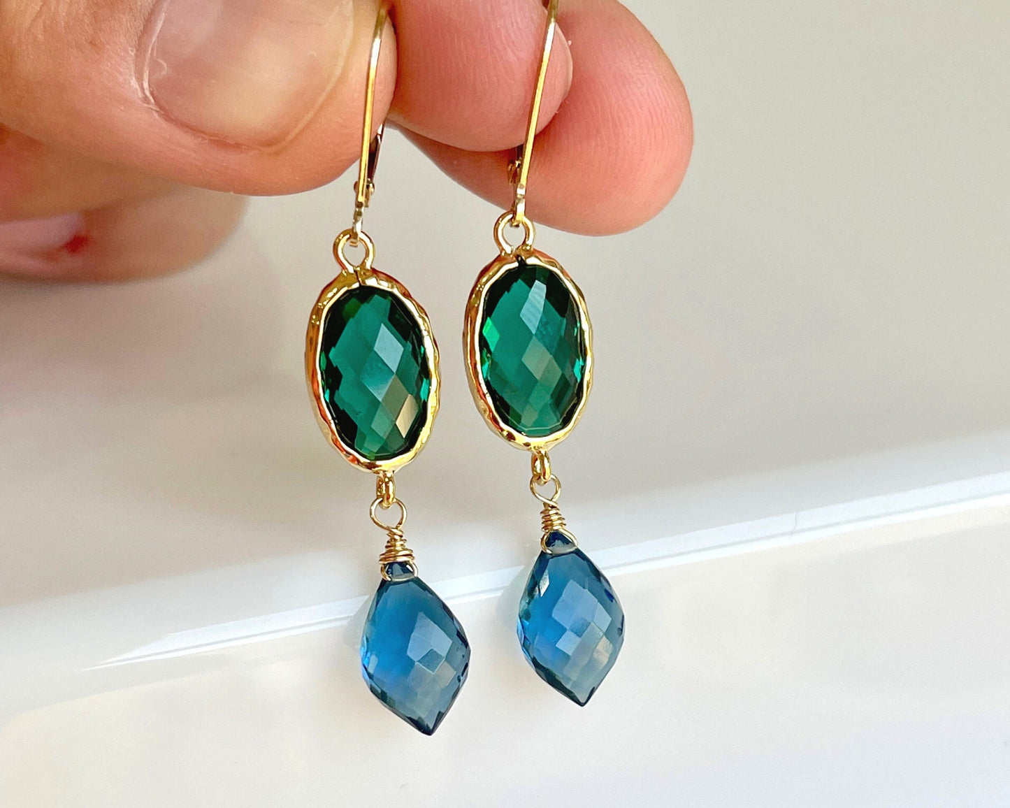 Emerald Quartz and Blue Topaz Earrings